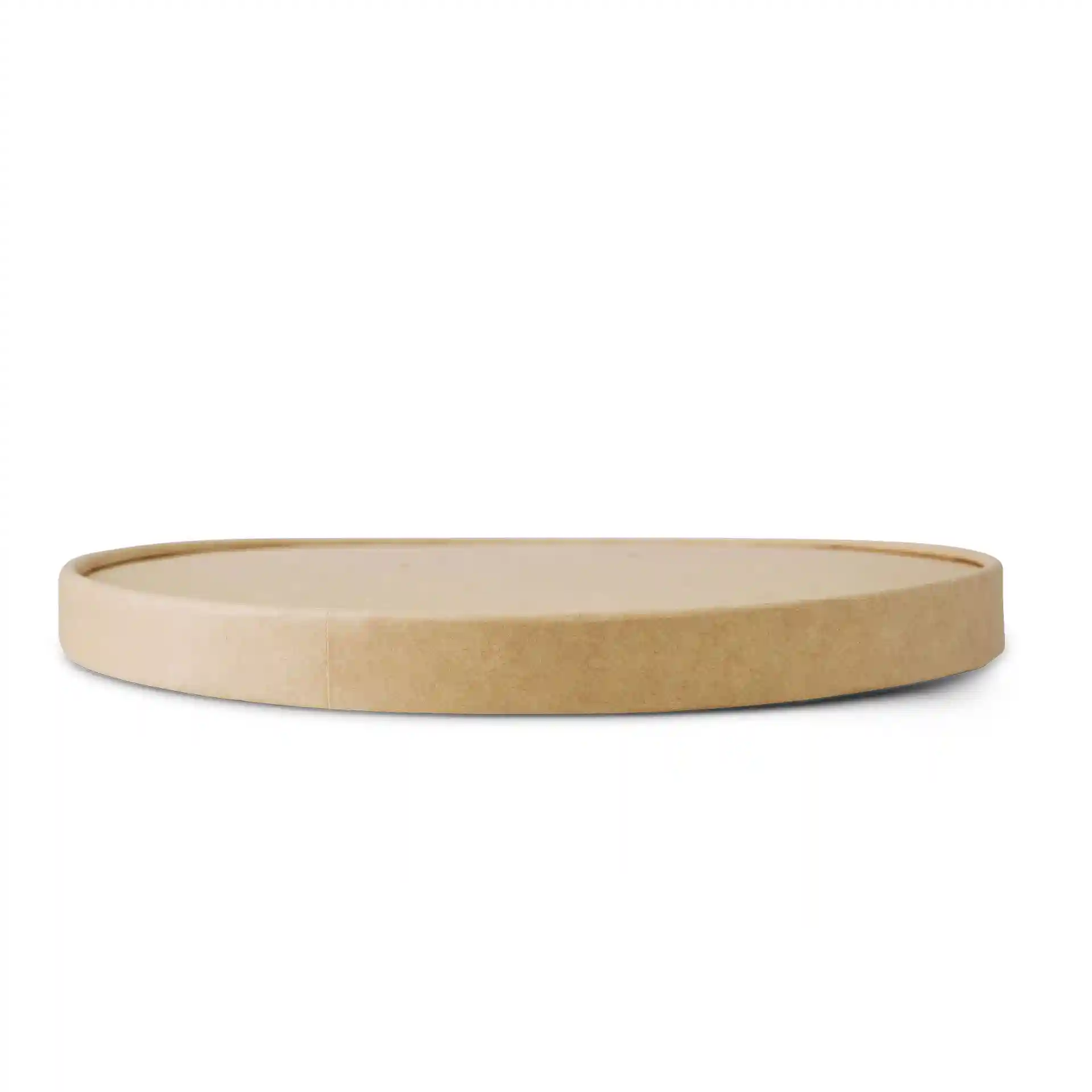 Ronde bruine kartonnen deksel met een hoogte van 17 mm en een diameter van 185 mm, met een gladde oppervlakte.