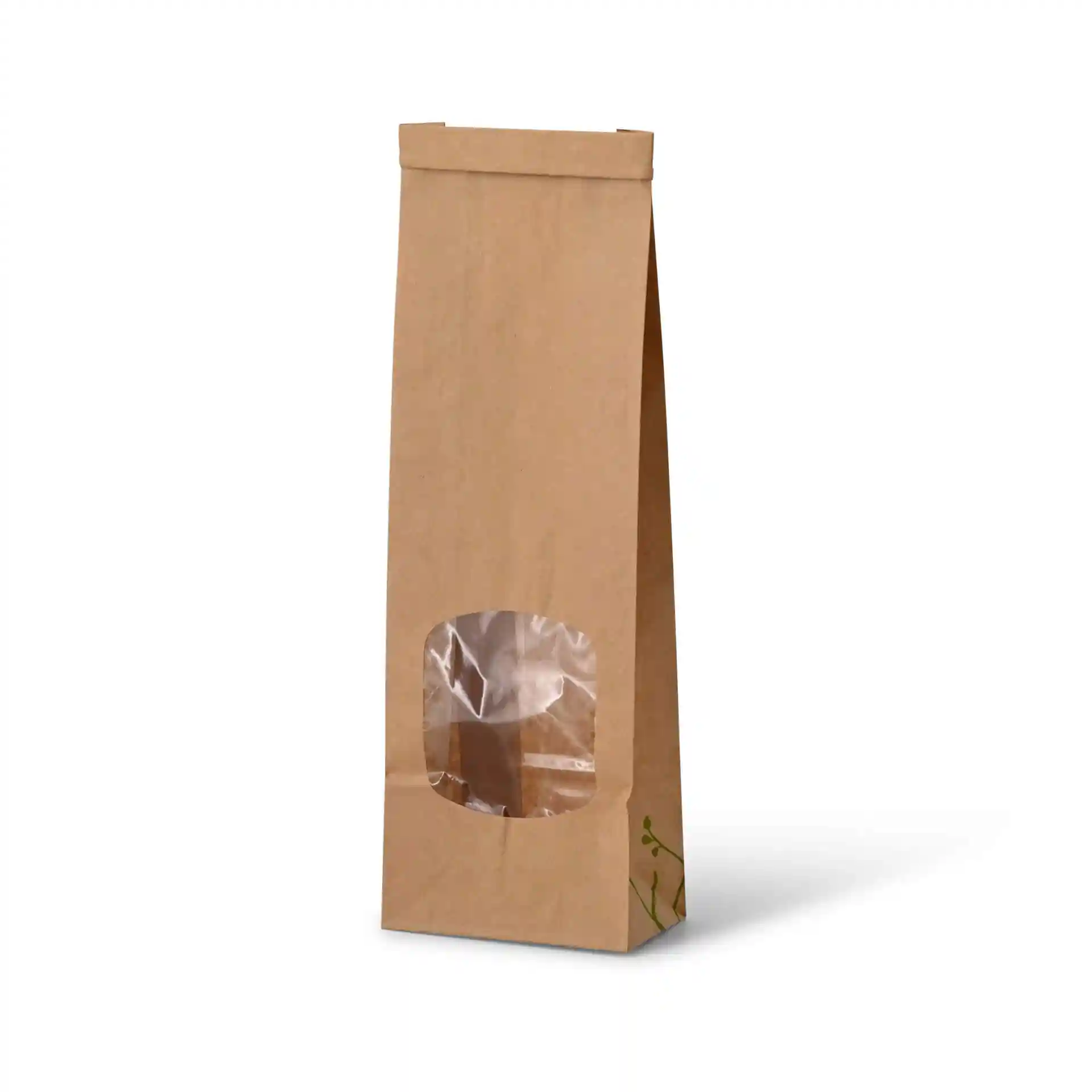 Bruine kraftpapier zak met blokbodem en transparante venster, 8,8 x 4,7 x 26 cm groot.