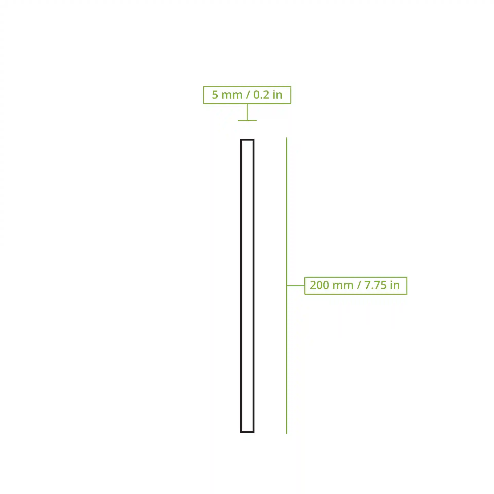 Schematische tekening van een wit papieren rietje met afmetingen van 200 mm lengte en 5 mm diameter.