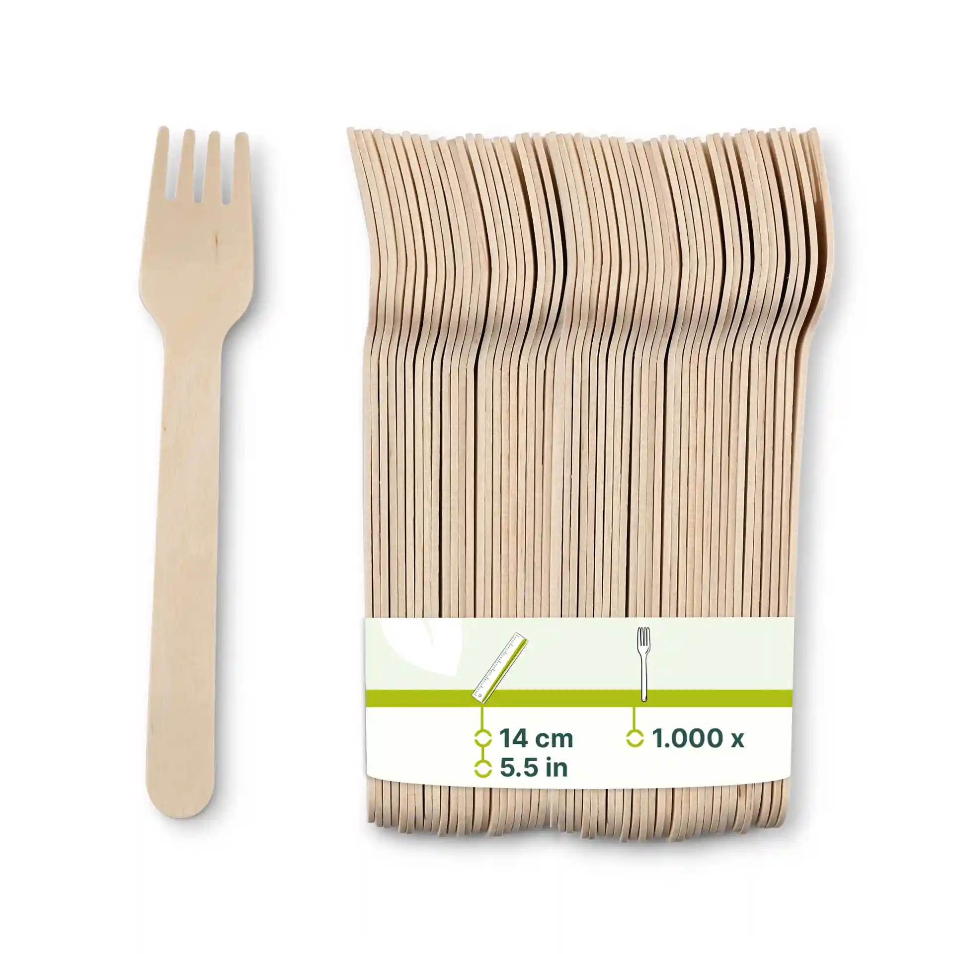 Houten taartvork, 14 cm lang, in een bruine kleur, naast een verpakking met meerdere vergelijkbare vorken.