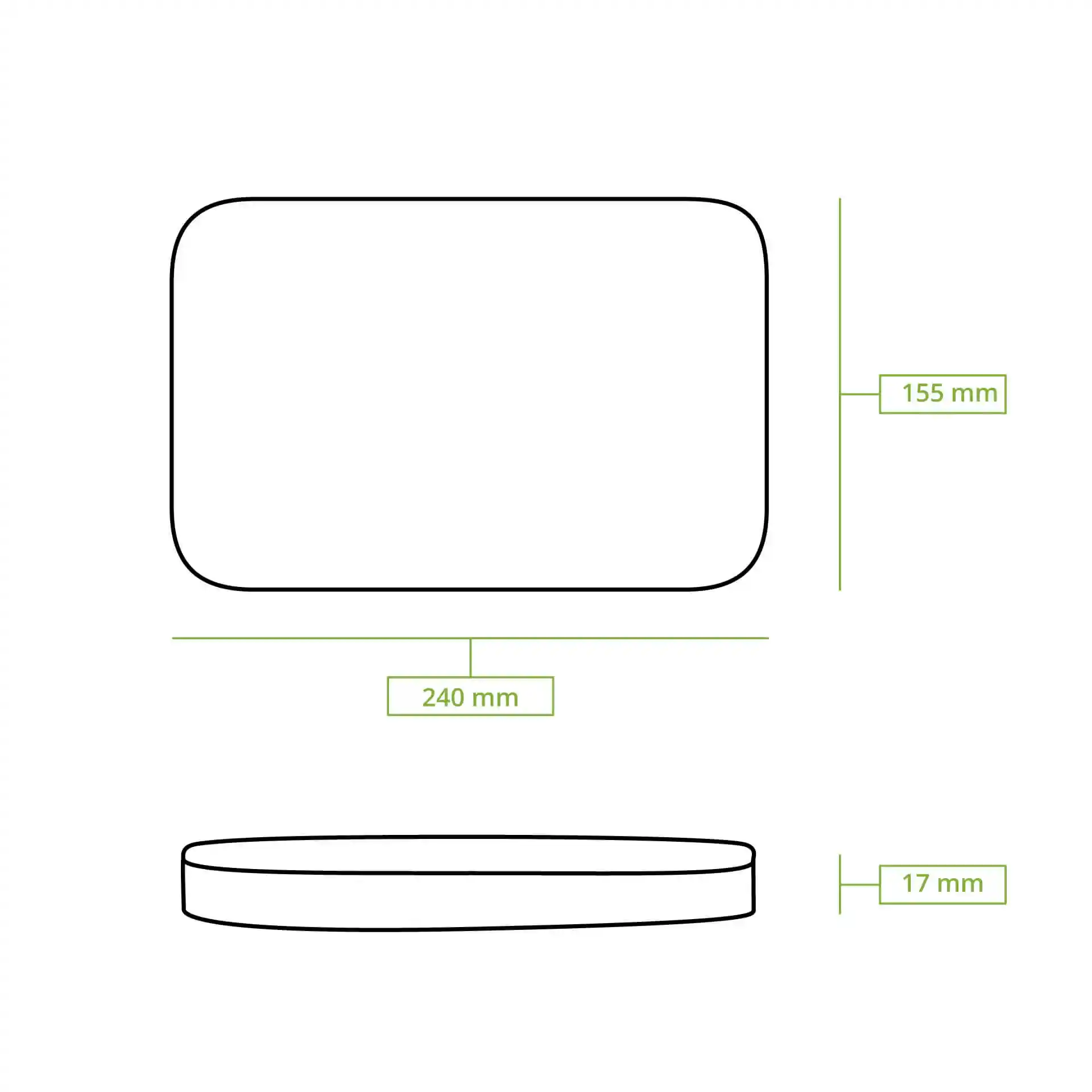 Schematische tekening van een rechthoekige container met afmetingen 240 mm bij 155 mm en een hoogte van 17 mm.