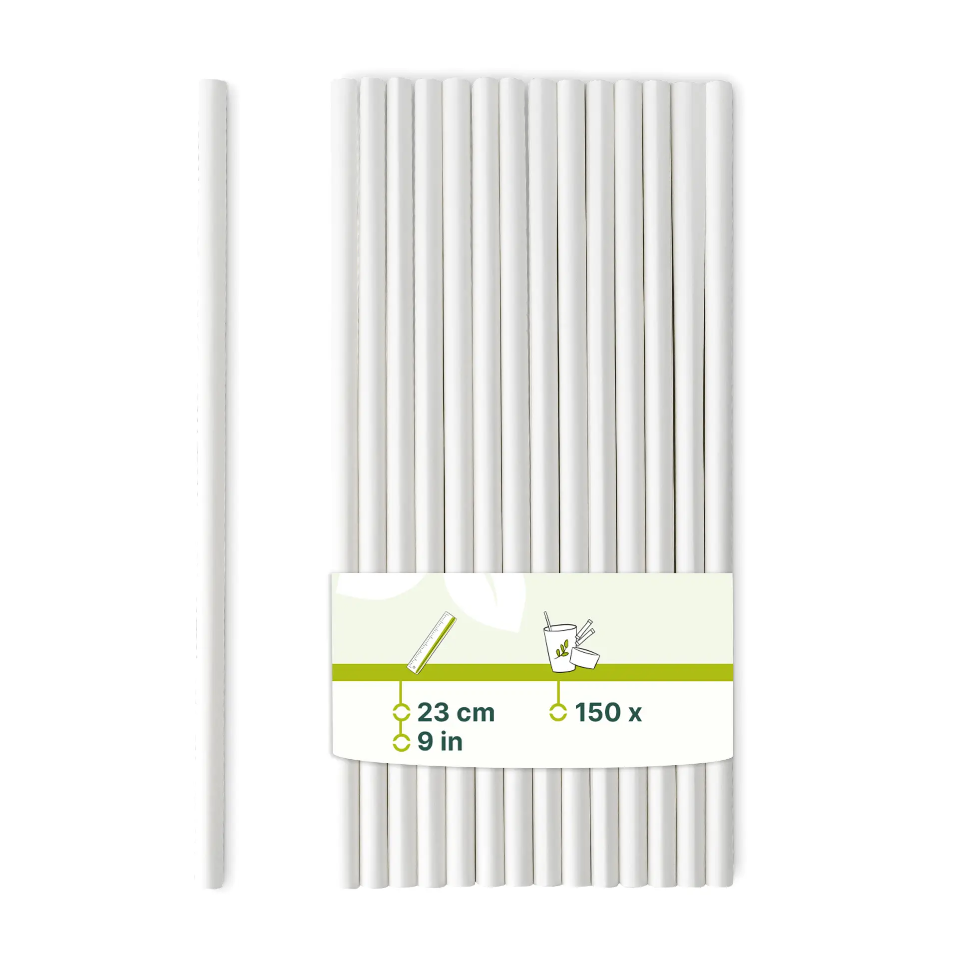 Jumbo papieren rietje 23 cm, Ø 0,8 cm, wit, verticaal gerold
