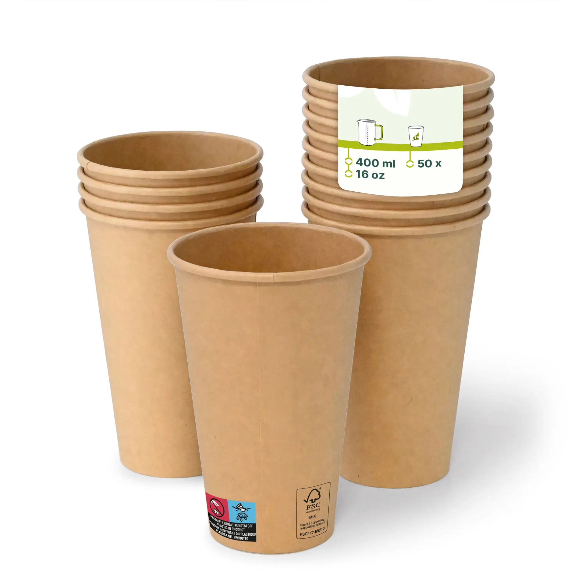 Een bruine papieren beker (16 oz) in beeld met andere erachter gestapeld; beker heeft een PE-coating en een klassiek ontwerp.