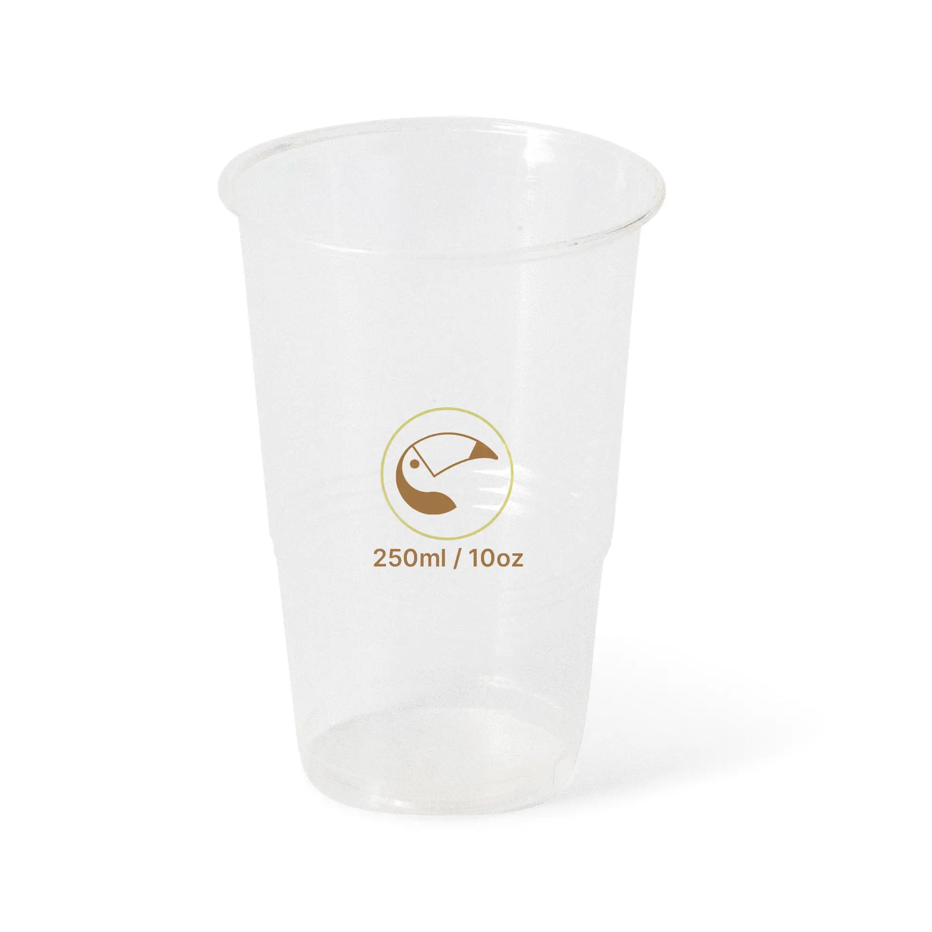 Heldere 10 oz PLA beker voor koude dranken, met een afgedrukte capaciteitslabel. Duurzaam en stapelbaar ontwerp.