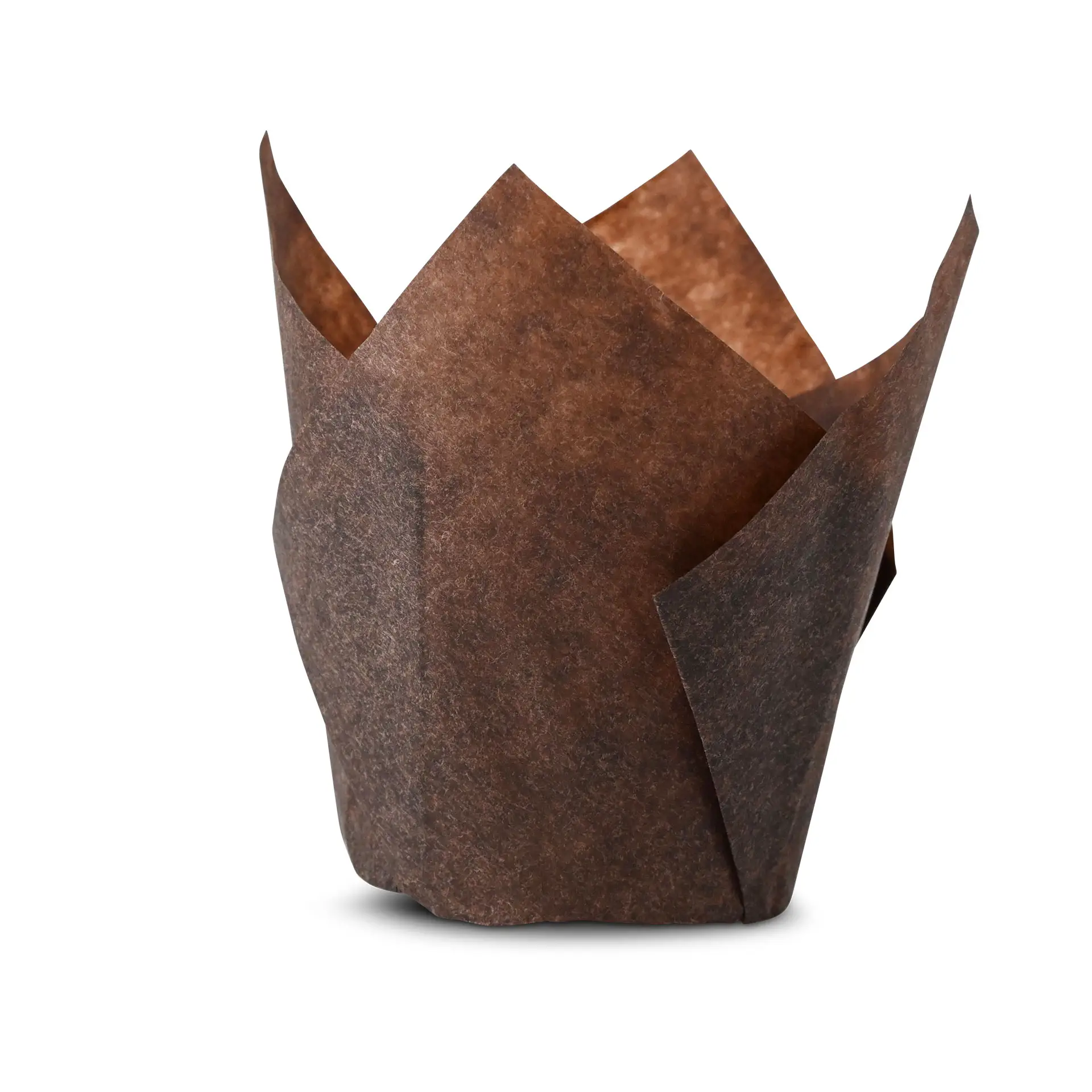 Bruine vetvrije muffinbekers, 5 cm diameter, geschikt voor het bakken van zoete en hartige lekkernijen. Biologisch afbreekbaar ontwerp.