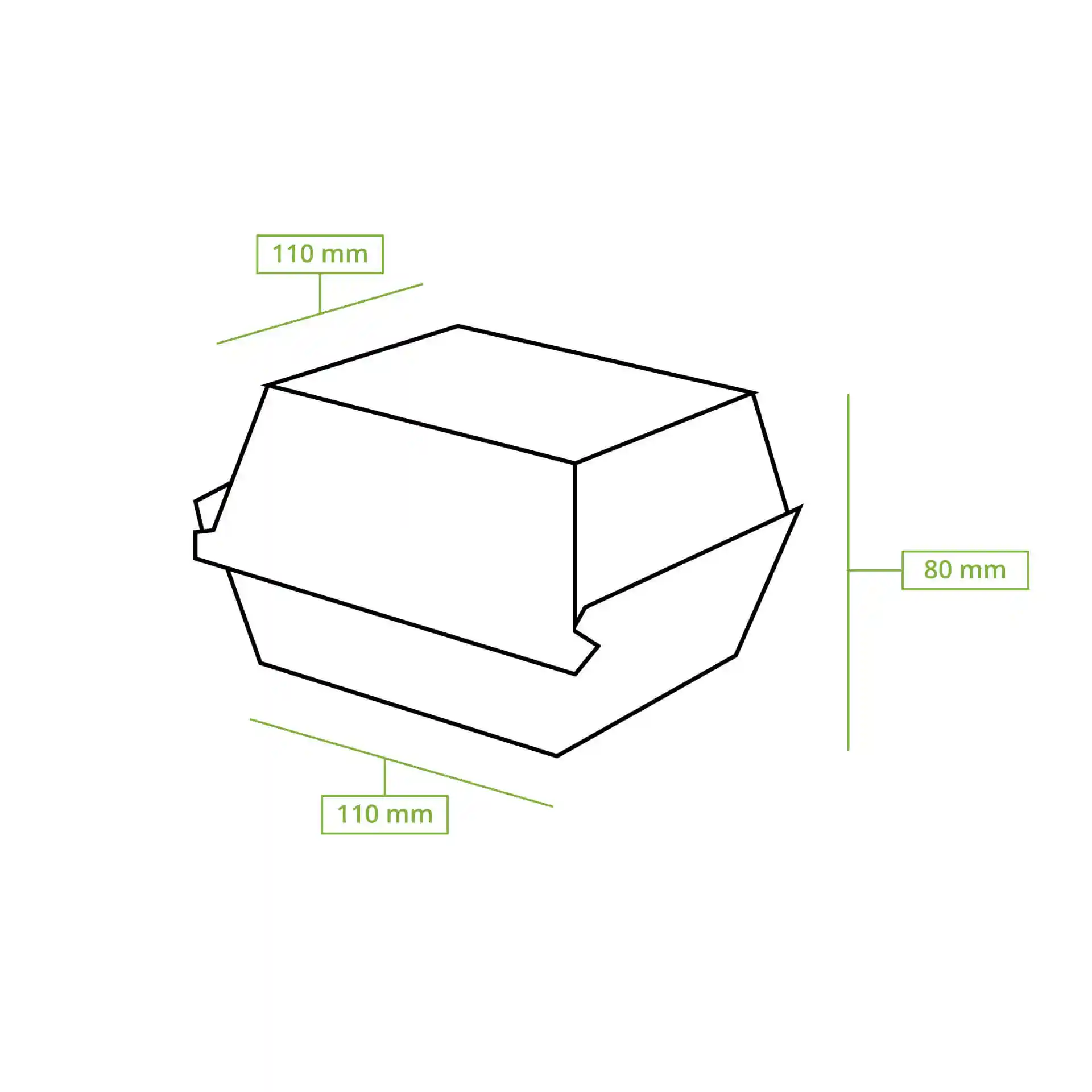 Schematische tekening van een rechthoekige takeaway-burgerdoos met afmetingen 110 mm bij 110 mm bij 80 mm.