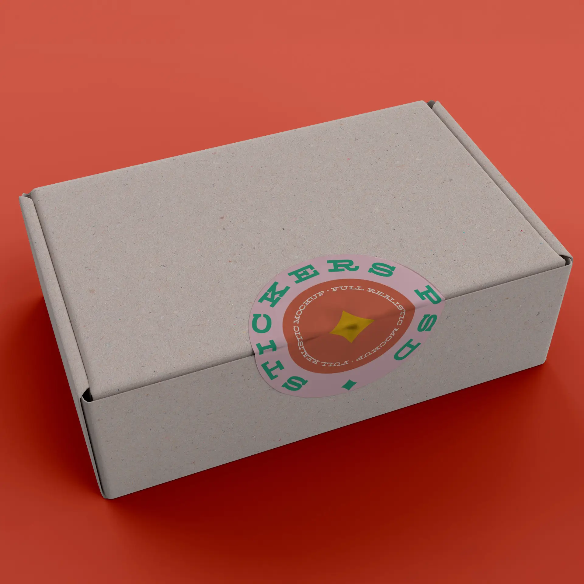 Bruine kraftpapierdoos met een rond label waarop in groene letters "Stickers" staat.