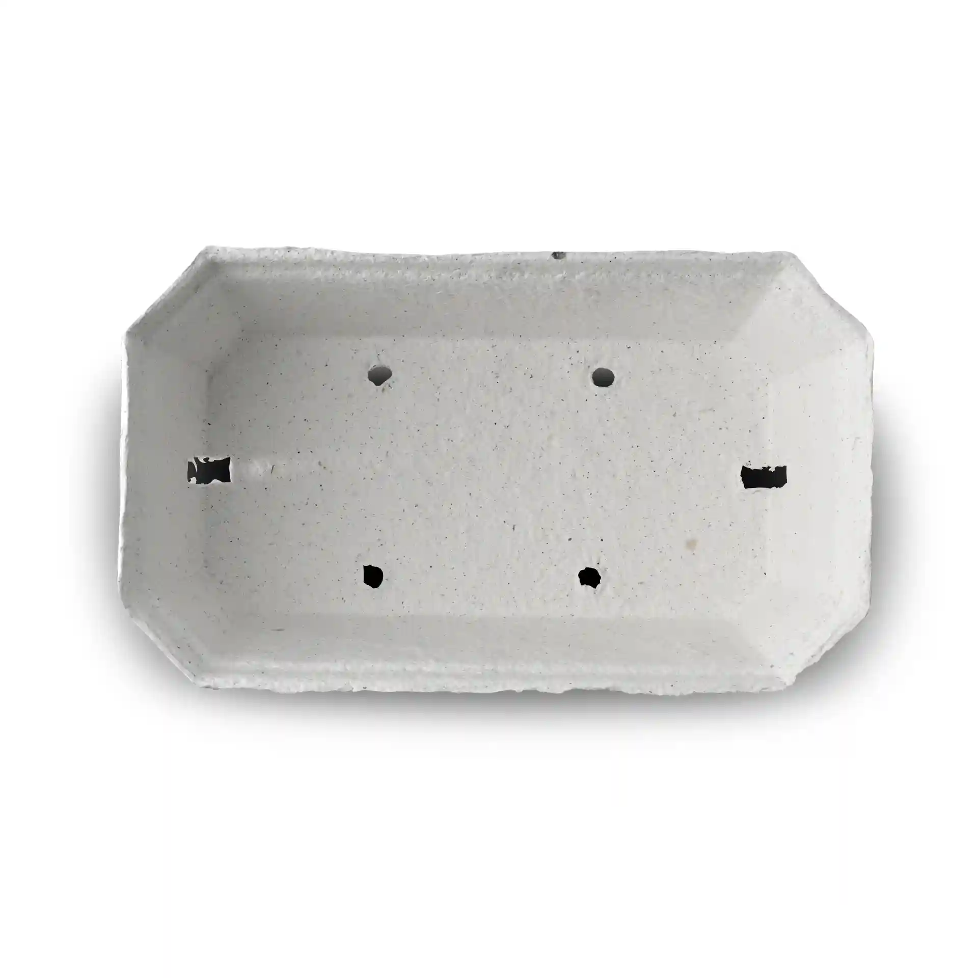 Witte houtpulp bessenbak in octagonale vorm met afvoergaten, 185 mm lang en 115 mm breed.