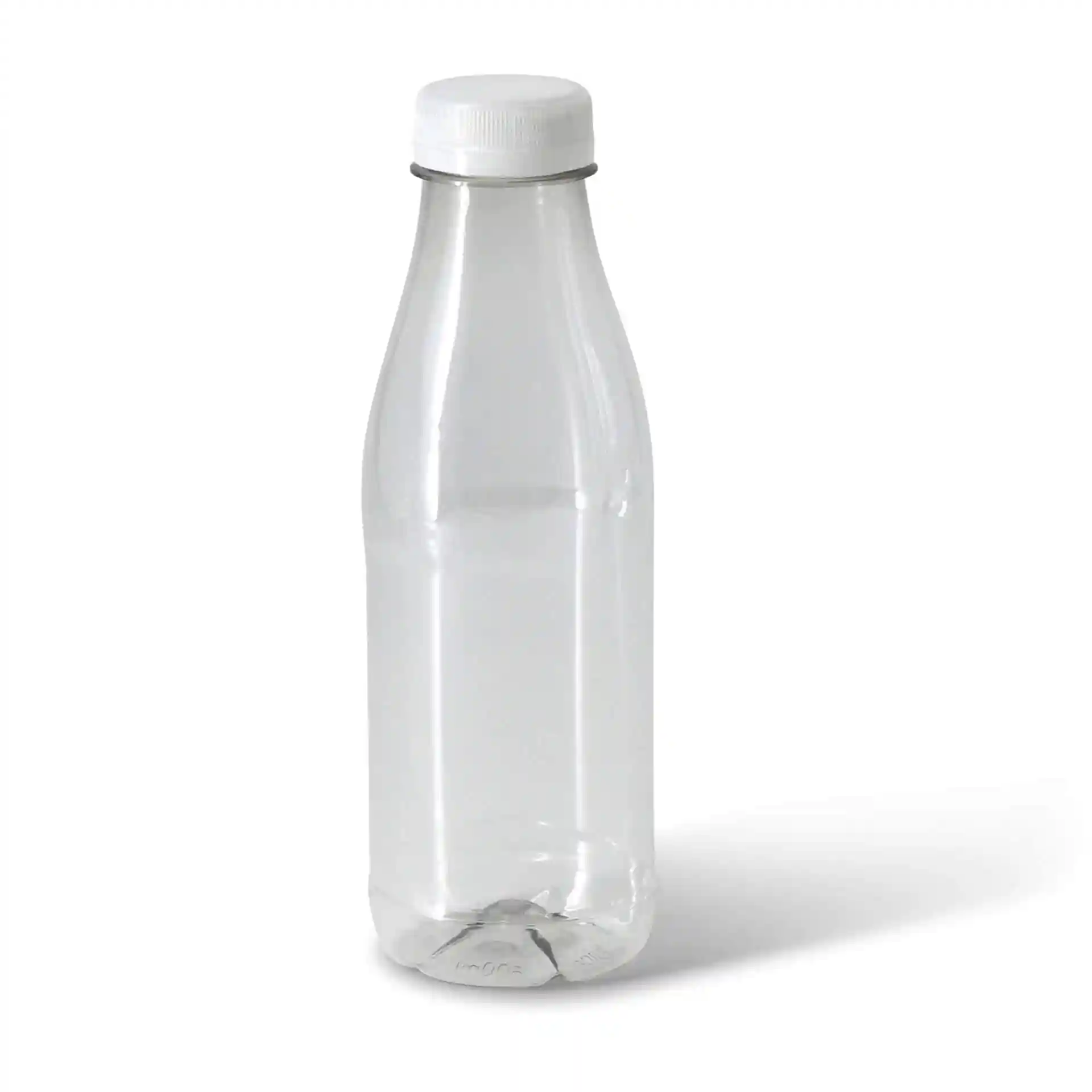 Duidelijke rPET-fles met een witte deksel, 500 ml capaciteit, 199 mm hoogte en 65 mm bodemdiameter.