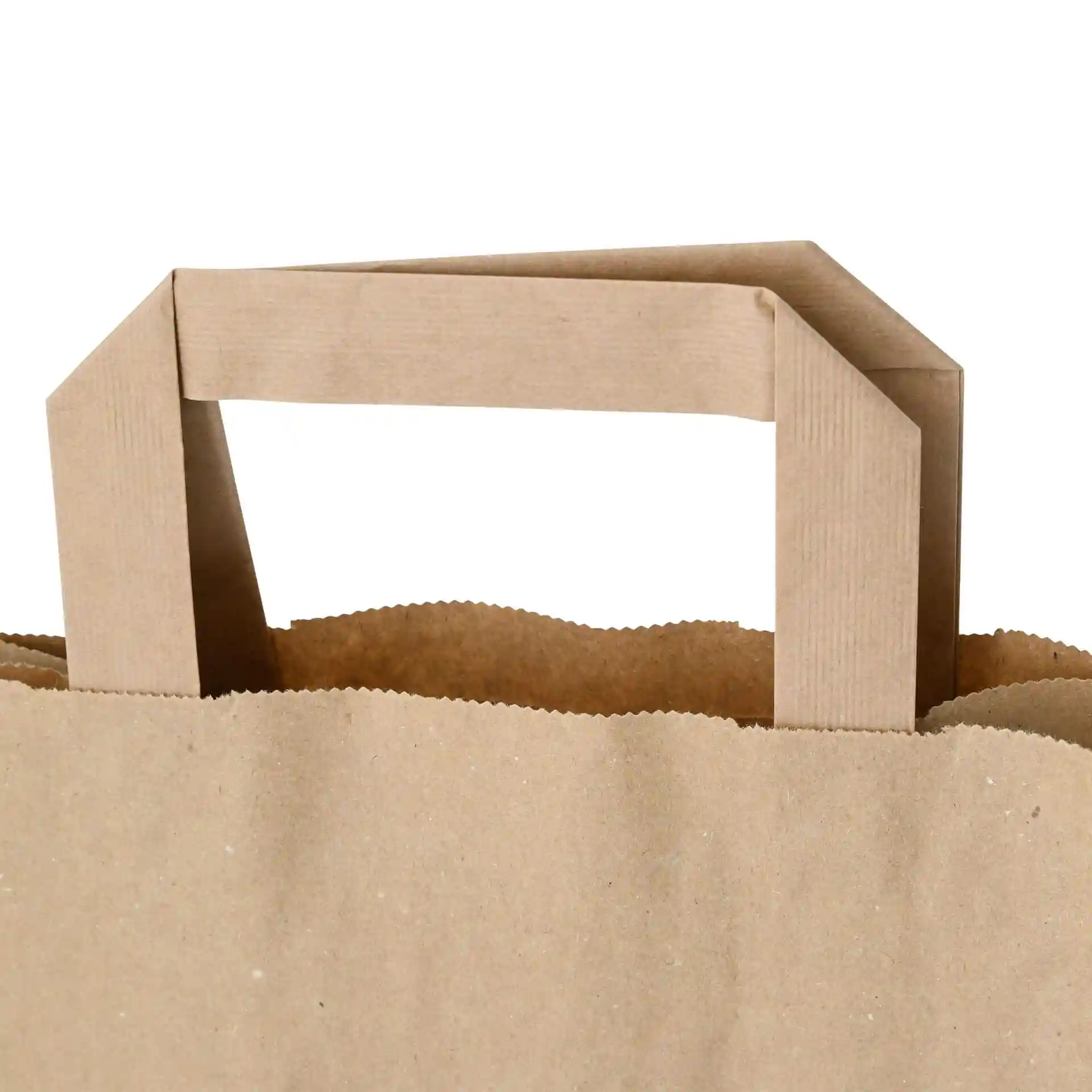 Bruine gerecycleerde papieren draagtas met een rechthoekig handvat en een golvende bovenrand.