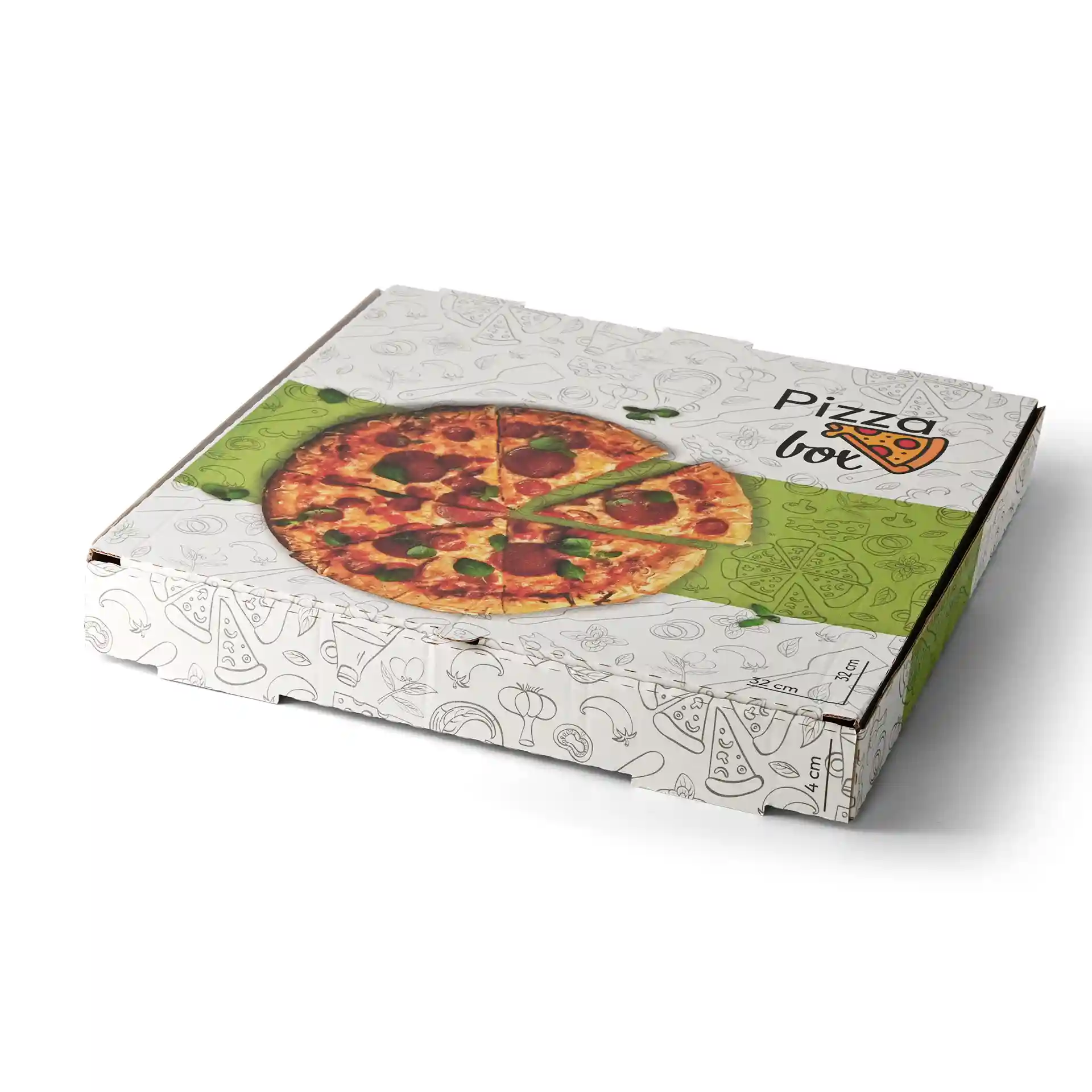Pizzadoos met een pizzagrafiek bovenop, afmetingen 32 x 32 x 4 cm, met een wit ontwerp en voedselillustraties.