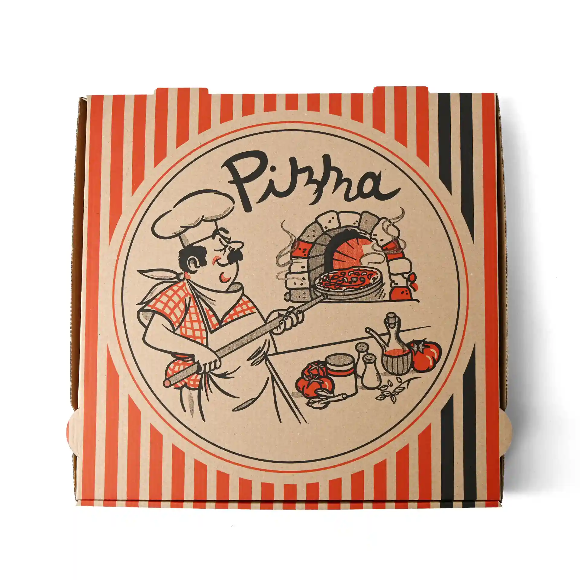 Pizzadoos met een pizzakok ontwerp, bruine kleur, afmetingen 30 x 30 x 4 cm.