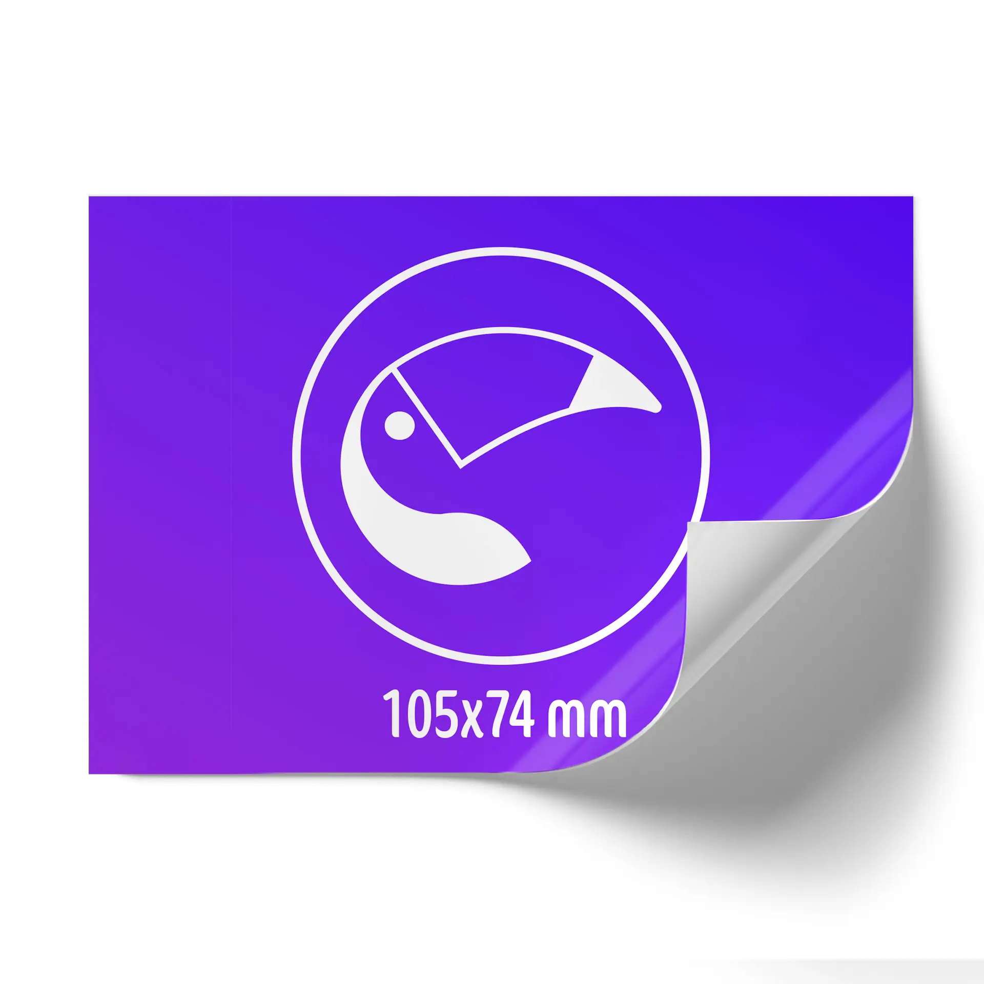 Logo-ontwerp met een wit embleem op een paarse achtergrond, afmetingen 105x74 mm.