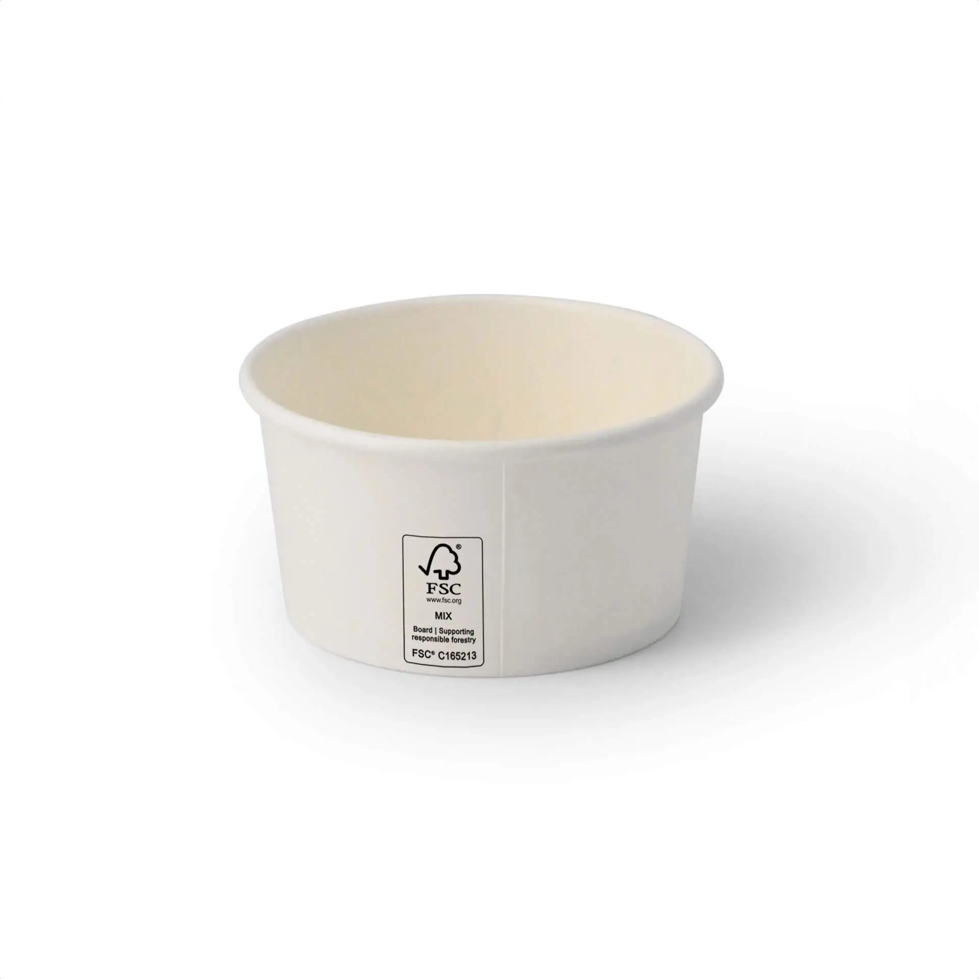 Witte 6 oz ijsbeker met PE-coating, voorzien van FSC-label en 'Climate Safe 360'-branding. Geschikt voor afhaal desserts.