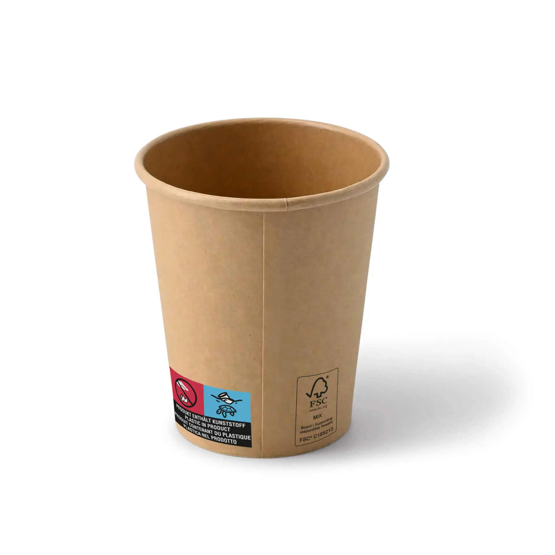 Bruine 8 oz papieren beker met brede opening en PE-gecoate binnenkant; bevat Eco-certificeringslabels aan de zijkant.
