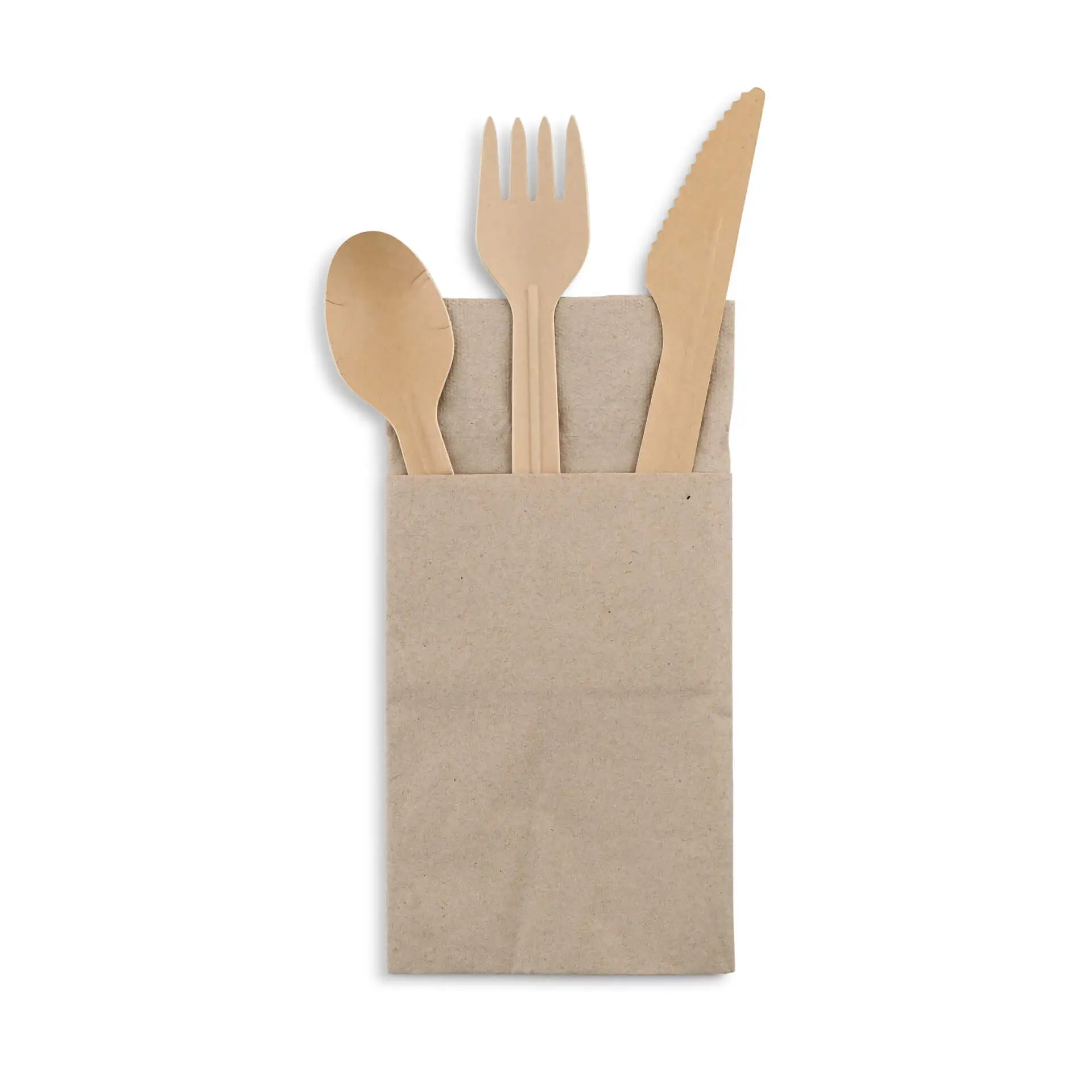 Bruine papieren zak met een lepel, vork en mes, met een recycling symbool aan de onderkant.