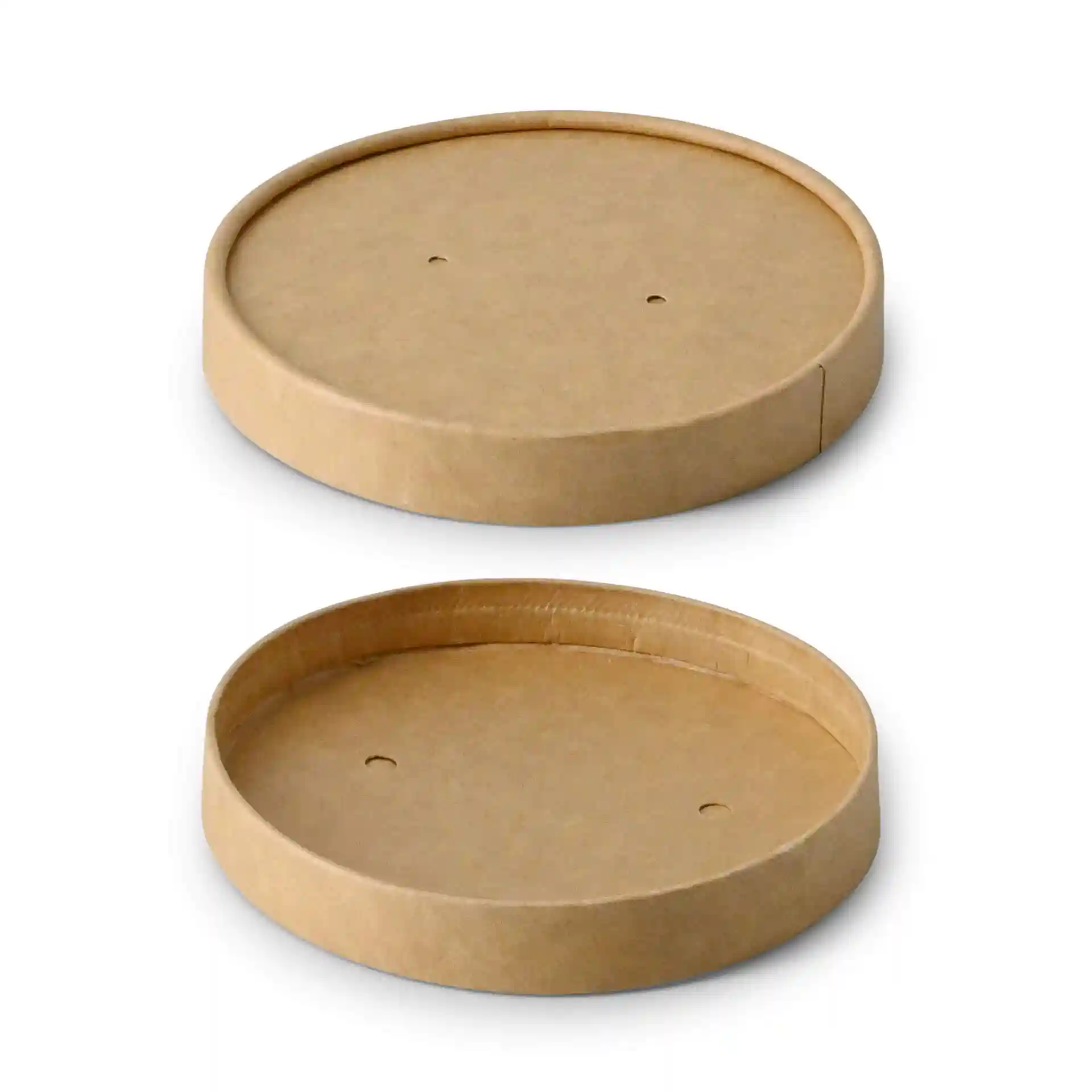 Ronde bruine kartonnen deksels van 16 mm hoog en 100 mm in diameter, met twee gestapelde stukken.