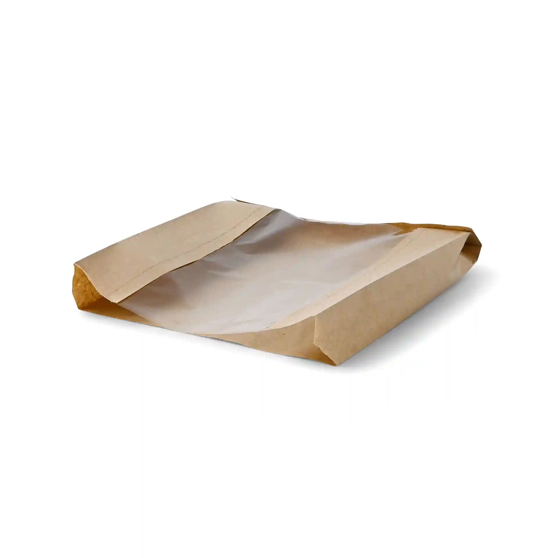Bruine platte papieren broodzak met een doorzichtig venster, 20 x 5 x 25 cm.
