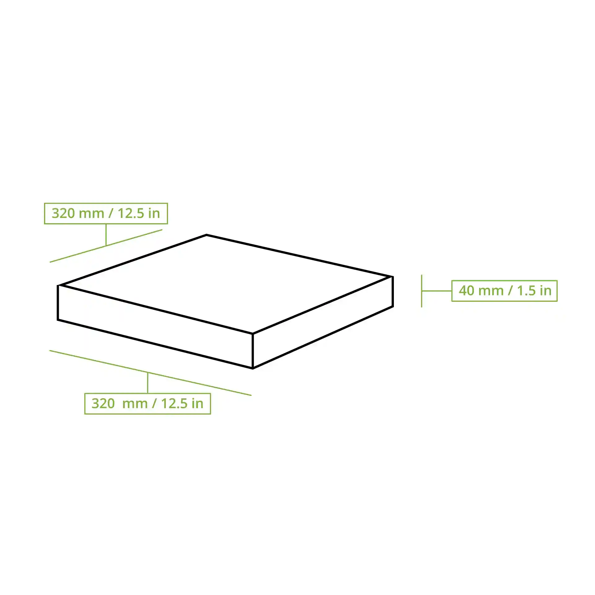 Schematische tekening van een pizzadoos met afmetingen van 320 mm bij 320 mm en een hoogte van 40 mm.