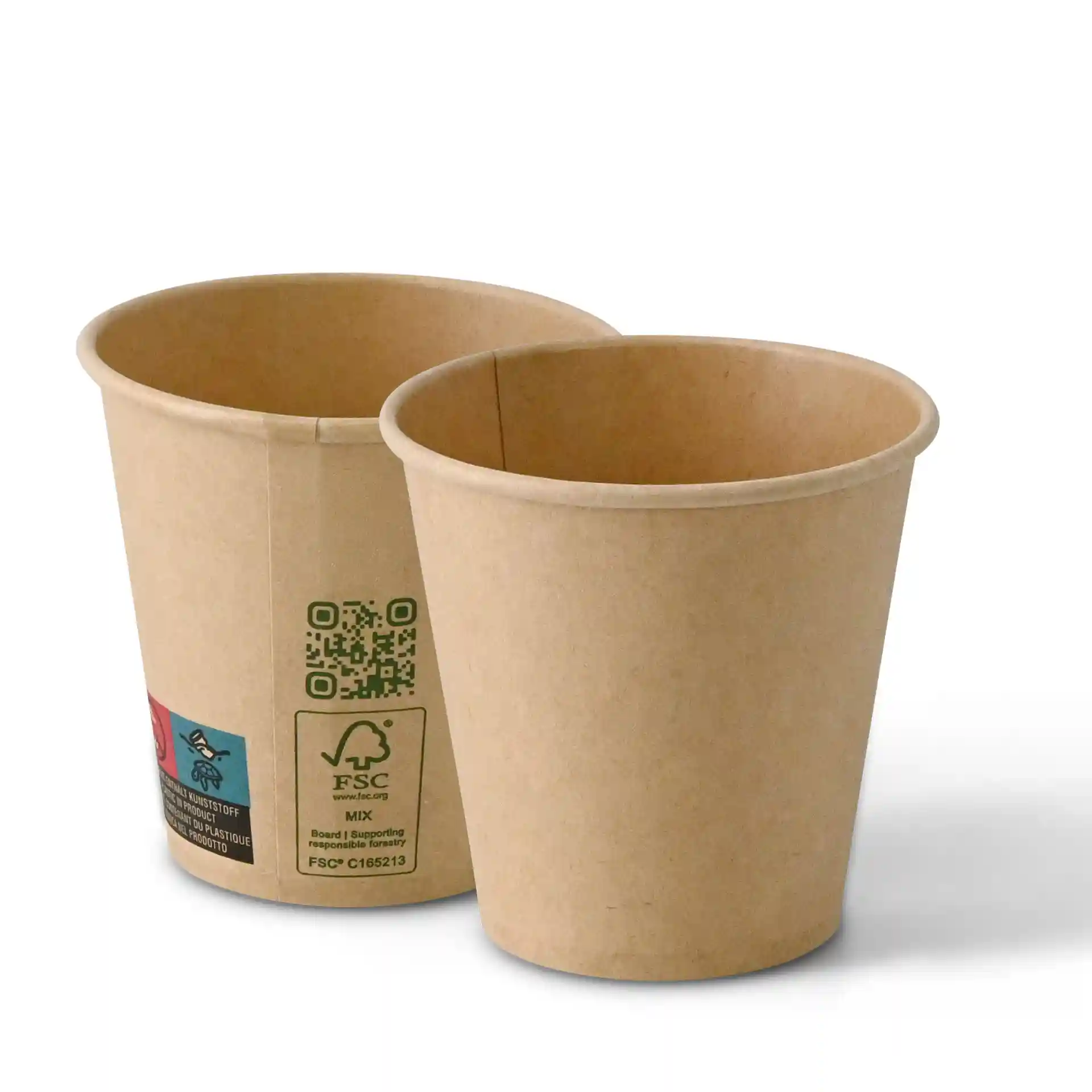 Bruine papieren bekers met enkele wand, 150 ml inhoud en 80 mm diameter, zijaanzicht.