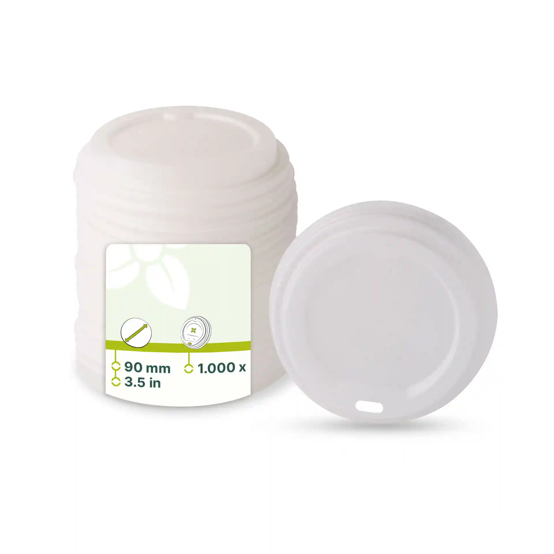 Witte CPLA-deksel met drinkopening, 90 mm diameter, gestapeld met één deksel zichtbaar ernaast.