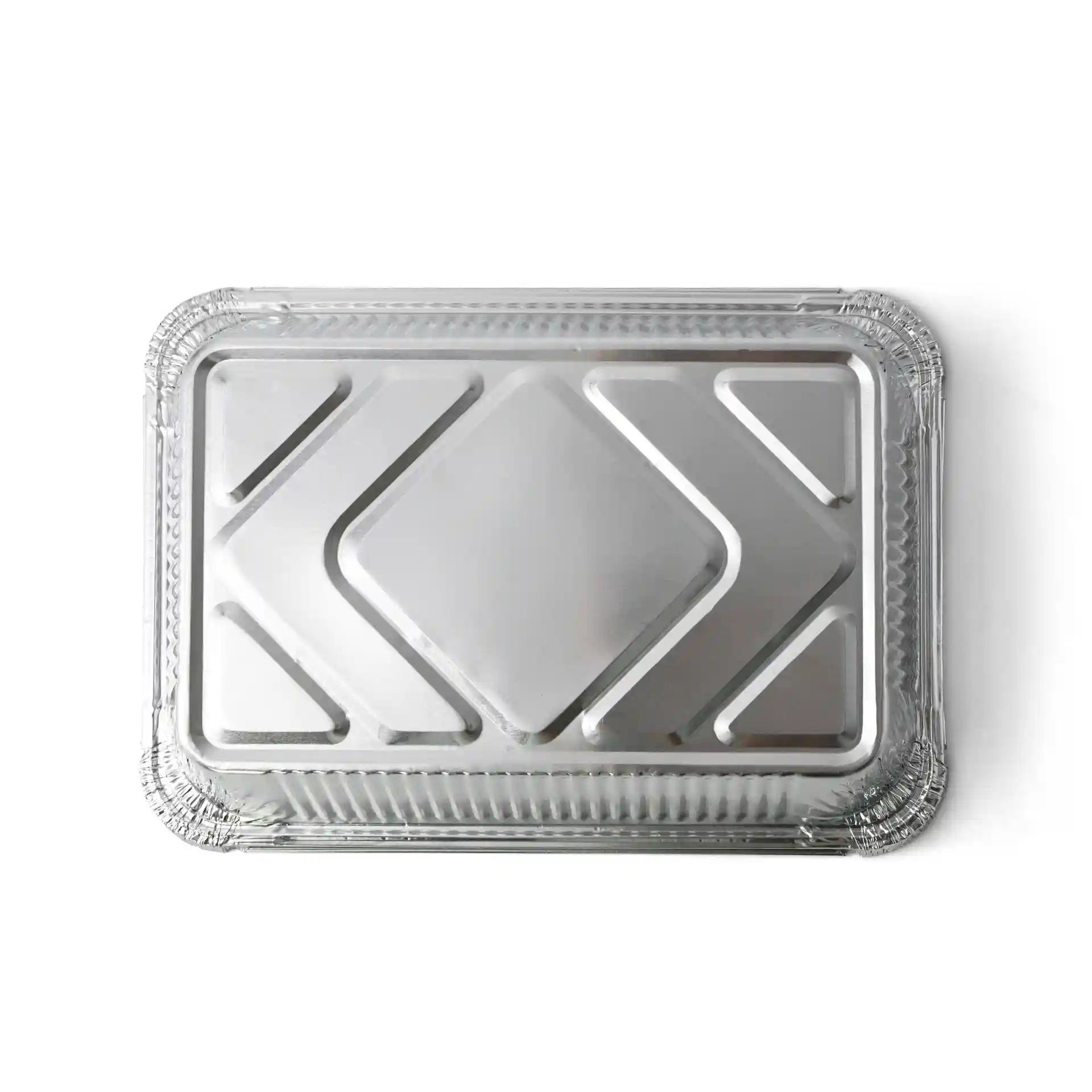 Rechthoekige aluminium container van 21,4 x 14,9 x 4,3 cm met een glanzend oppervlak en een patroonontwerp.