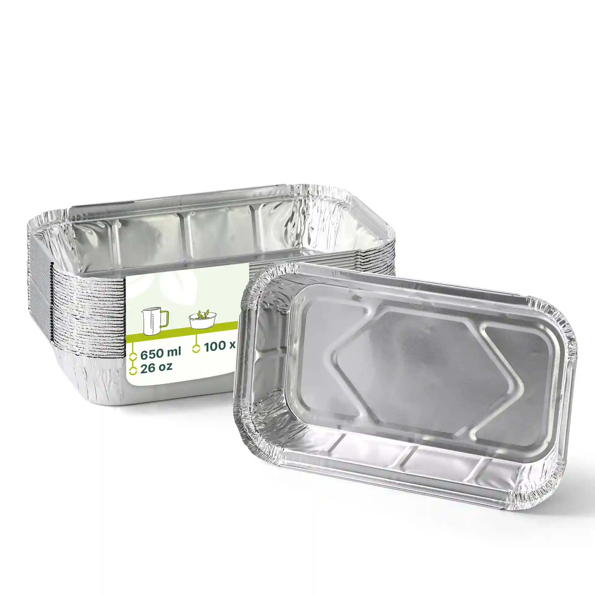 Rechthoekige aluminium containers van 22,4 x 13,2 x 3,4 cm, met een vulvolume van 650 ml.