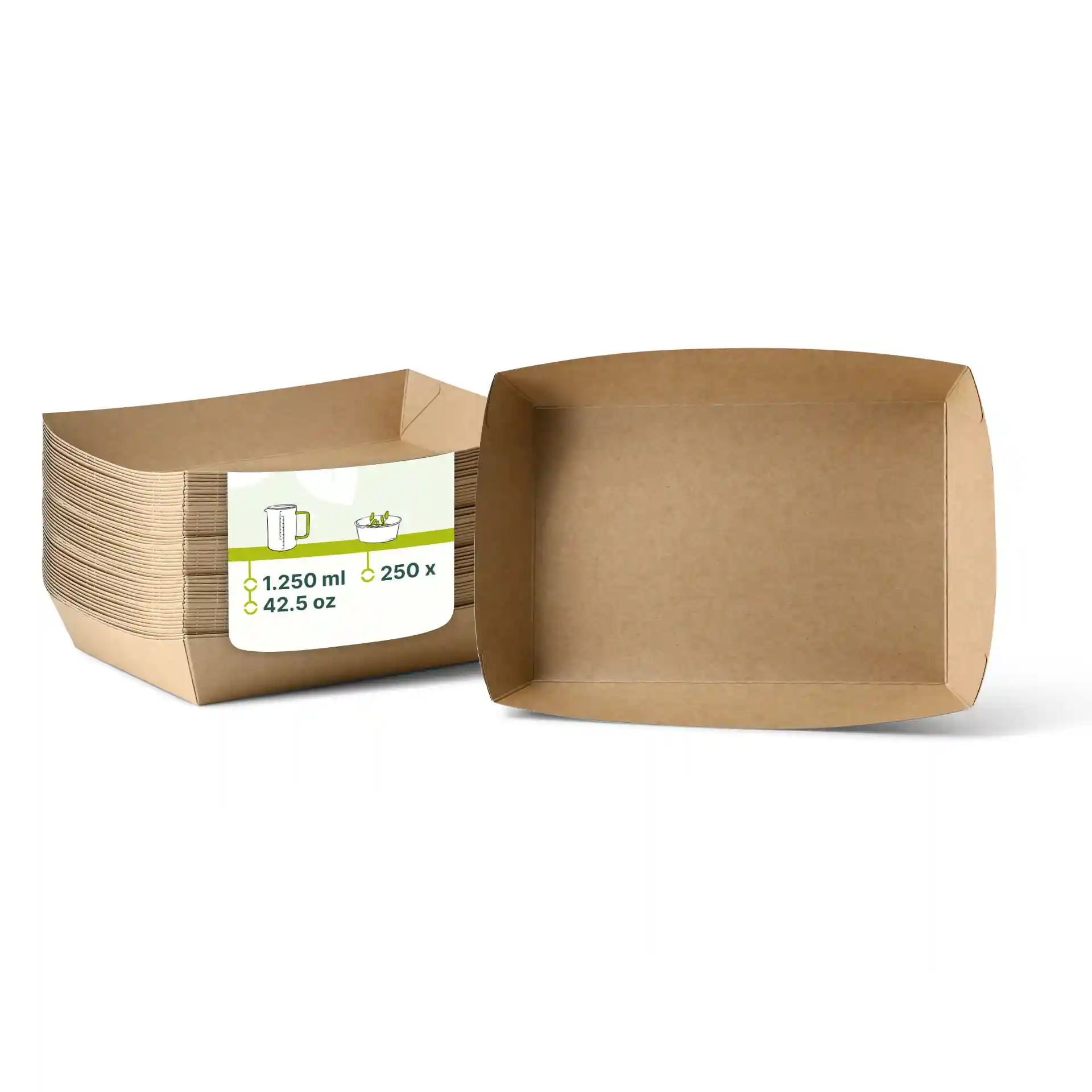 Bruine rechthoekige kartonnen trays met een vulvolume van 1250 ml, gestapeld met één tray rechtop.