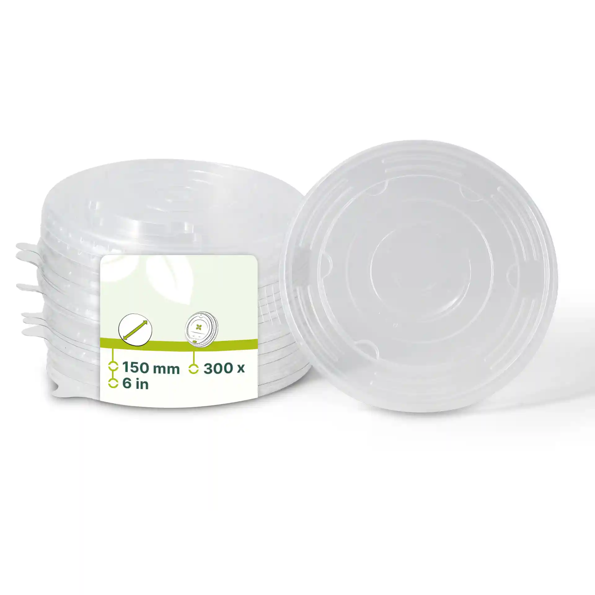Duidelijke ronde bekerdeksels van PP, 150 mm in diameter, gestapeld met een label met productdetails.
