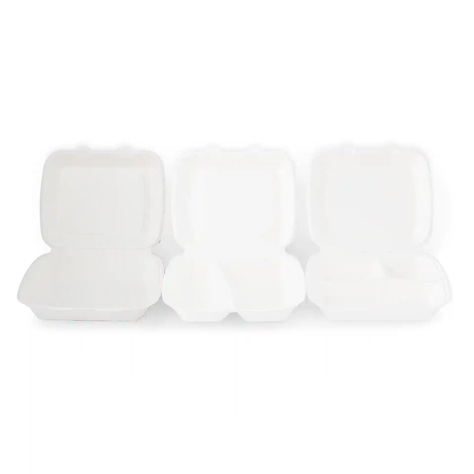 Drie witte rechthoekige suikerbietencontainers met scharnierende deksels, open gepresenteerd op een effen achtergrond.