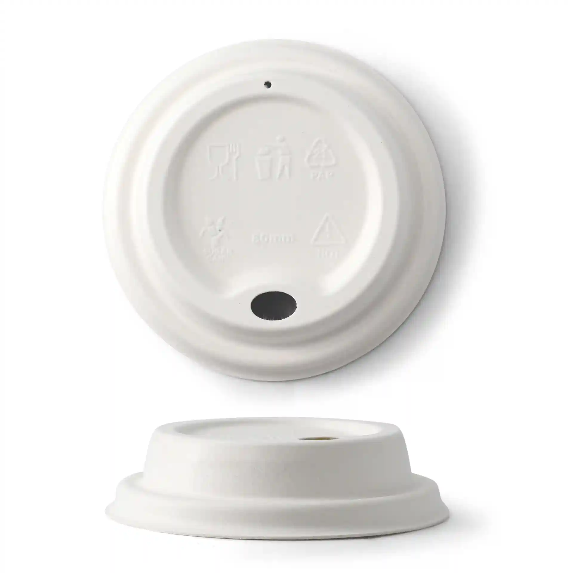 Witte suikerrietdeksel voor bekers, 80 mm diameter, met een gat en verhoogde rand.