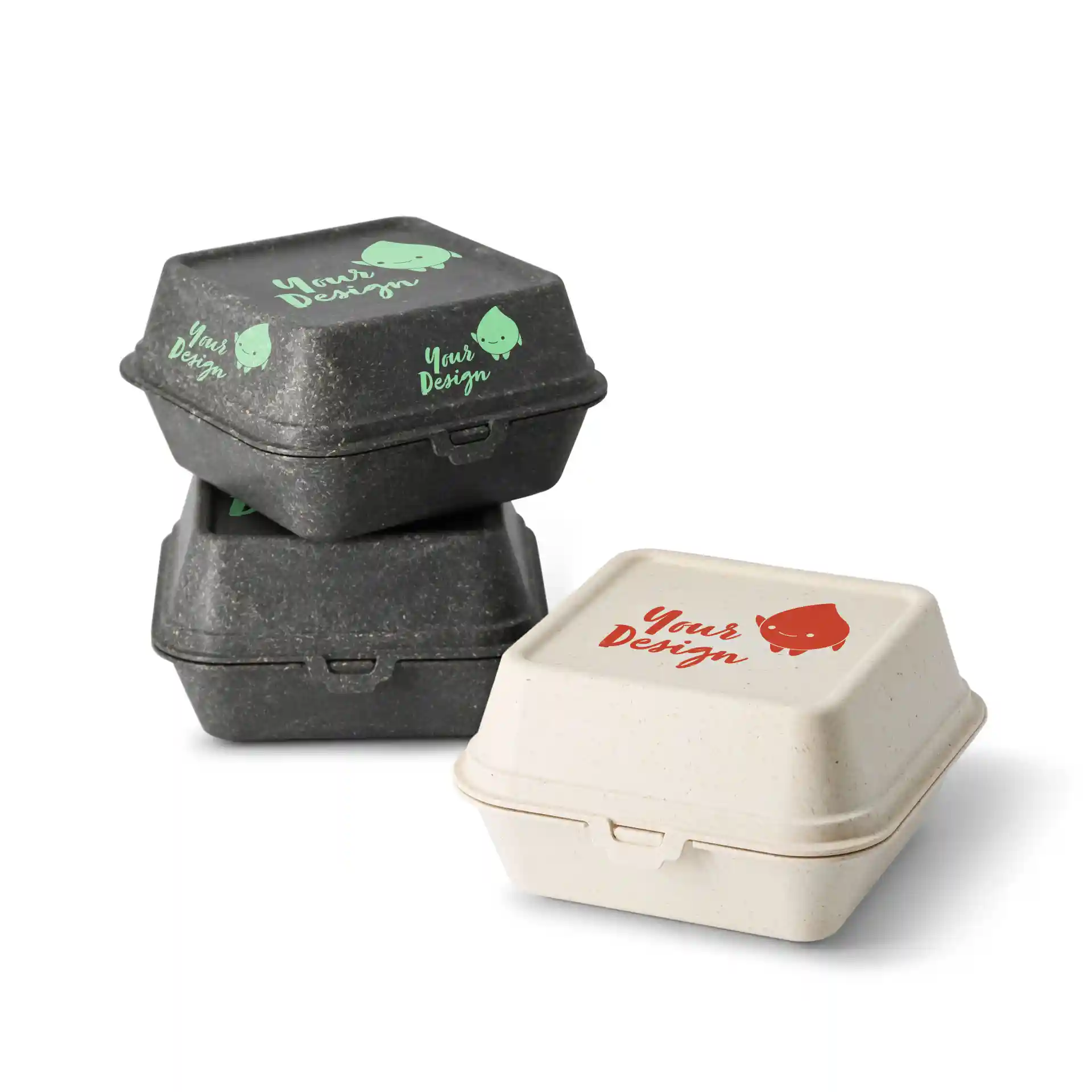 Stapeltje bedrukte herbruikbare burgerdozen in crèmewit en zwart, met ontwerpen op de deksels.
