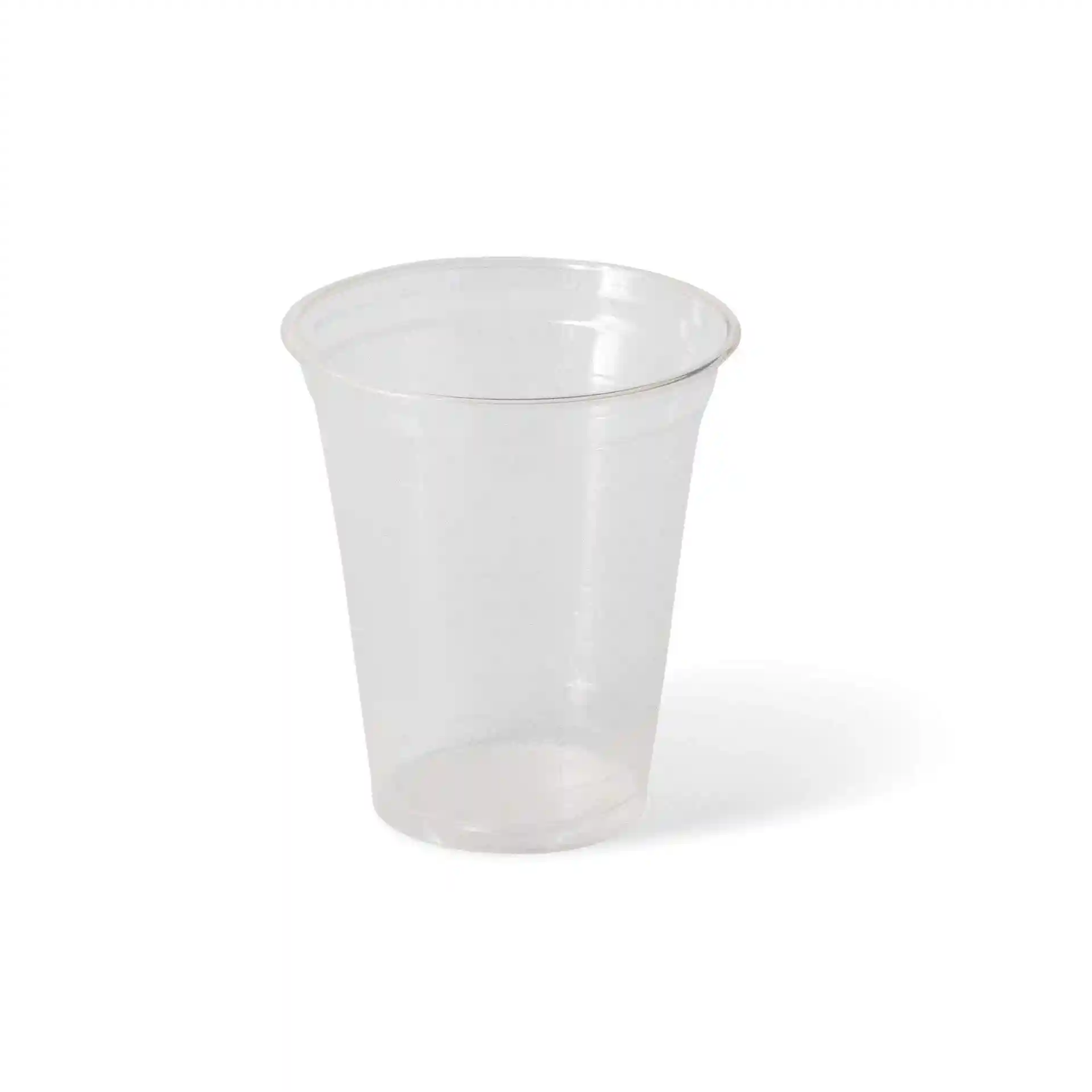 Transparante 12 oz beker van PLA, met een hoogte van 106 mm en een bovenste diameter van 95 mm.