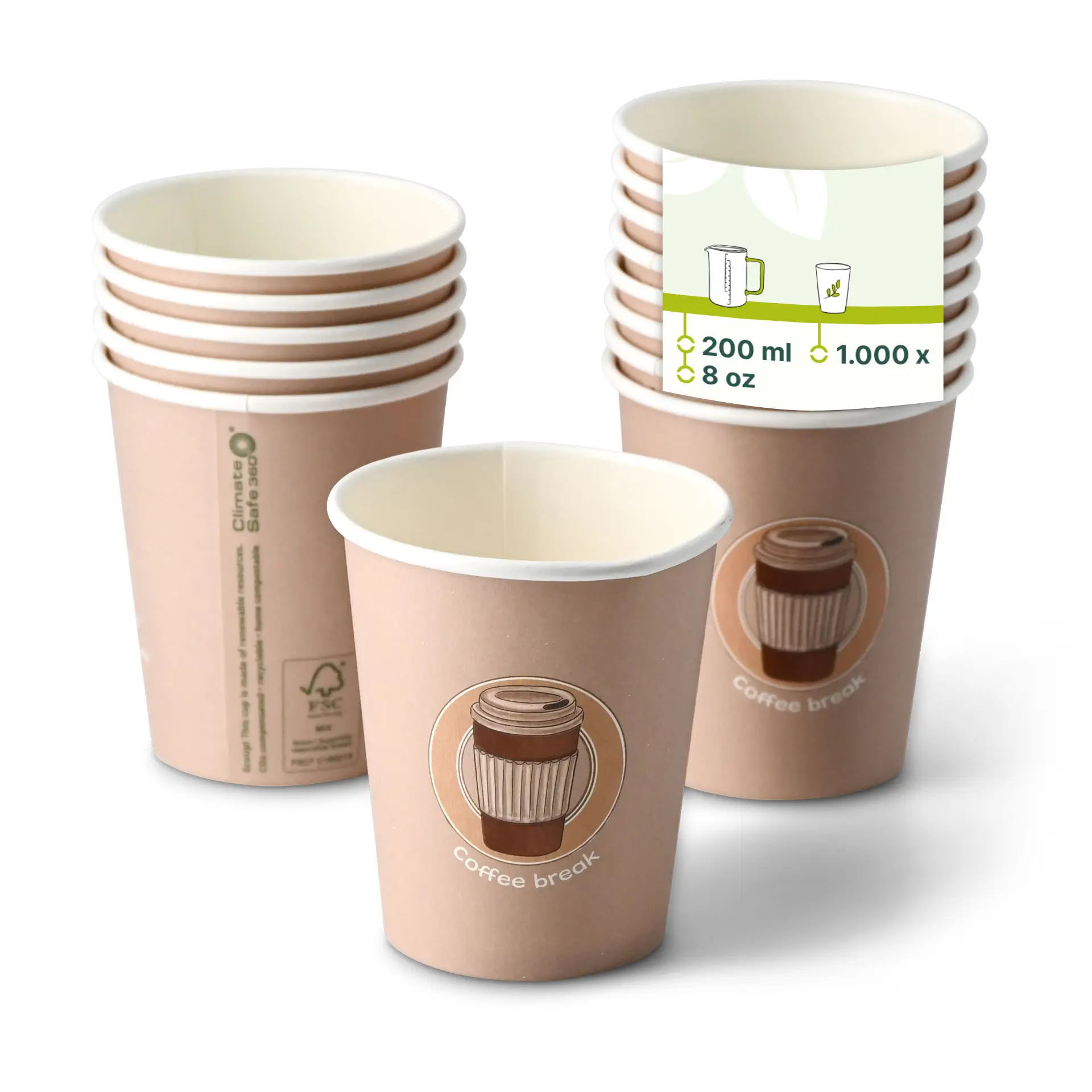 Bedrukte kartonnen bekers "Coffeebreak" 200 ml / 8 oz, Ø 80 mm, wit