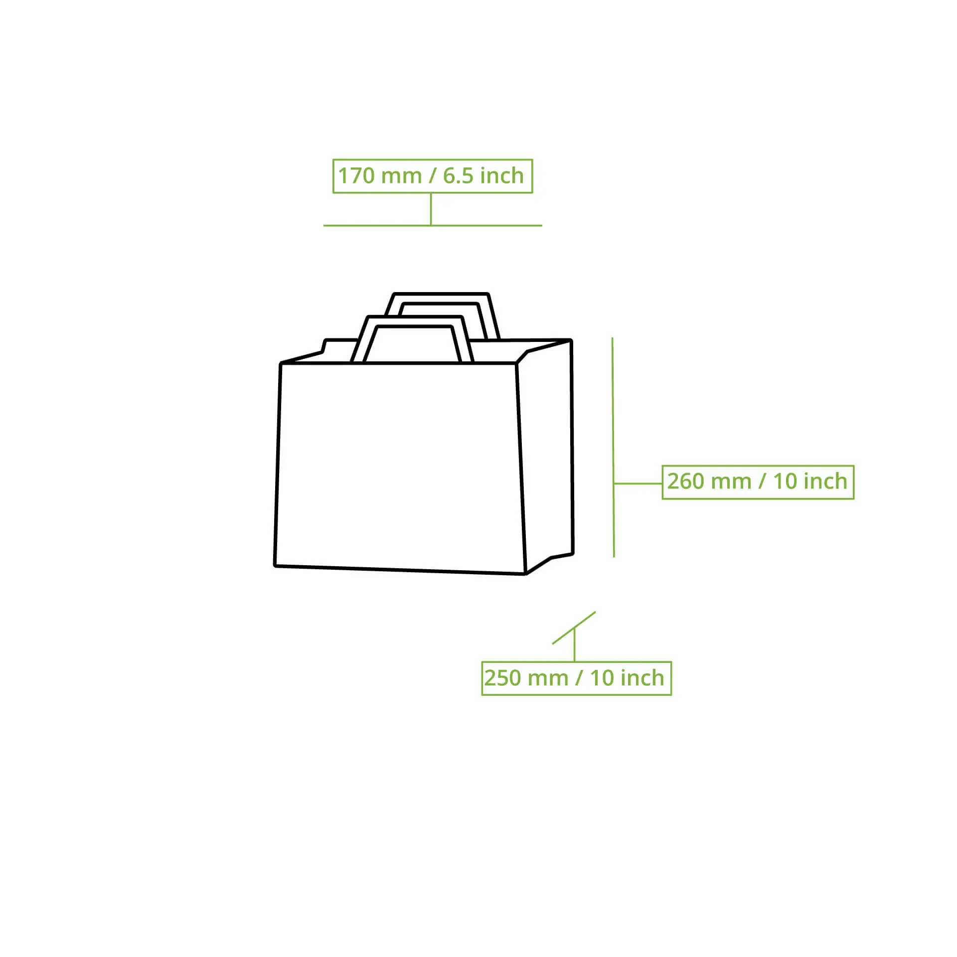 Schematische tekening van een papieren draagtas met gelabelde afmetingen: 260 mm lengte, 170 mm breedte en 250 mm hoogte.