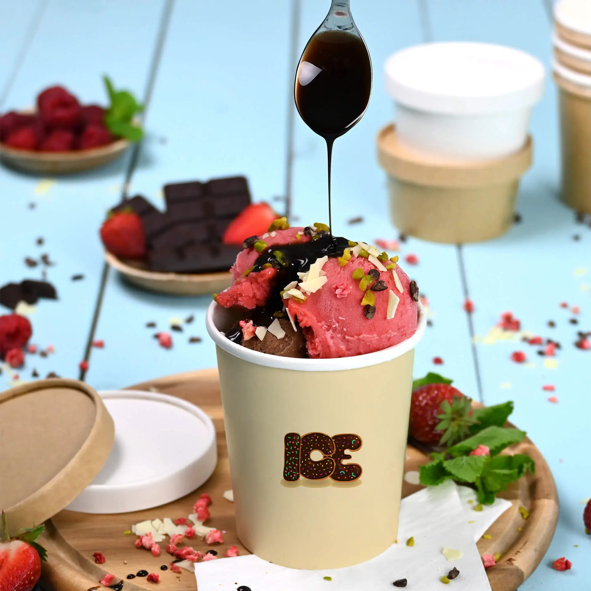 IJs beker gevuld met roze en bruin ijs, getopt met sprinkles en saus, met een lepel die saus druppelt.