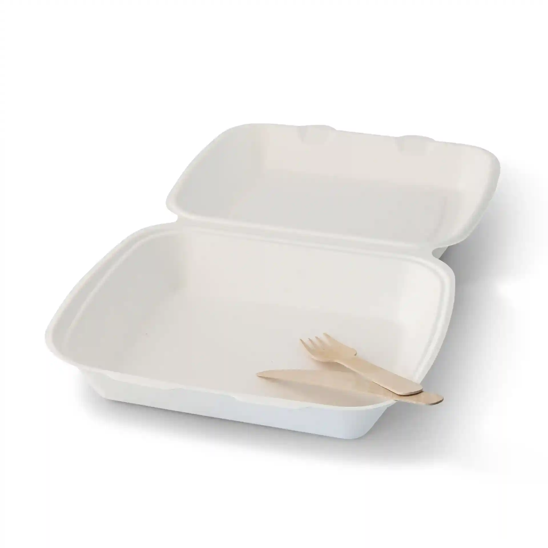 Witte rechthoekige suikerbietencontainer met een scharnierdeksel, met een mes en vork binnenin.