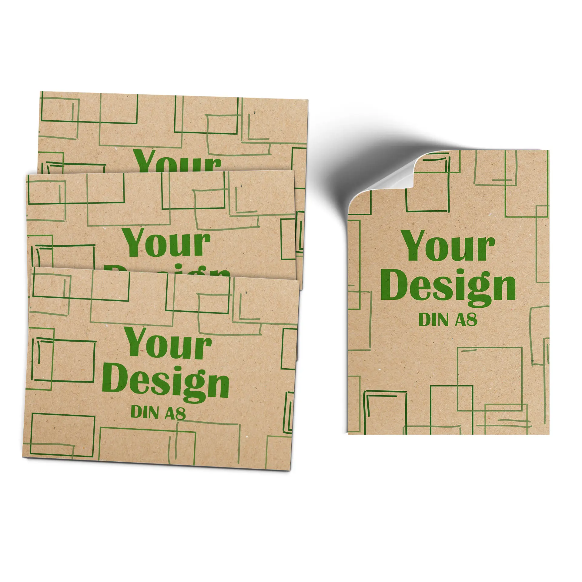 Een gestructureerde bruine kaart met een paarse ronde ontwerp en een vogel logo, afmetingen 74x52 mm.