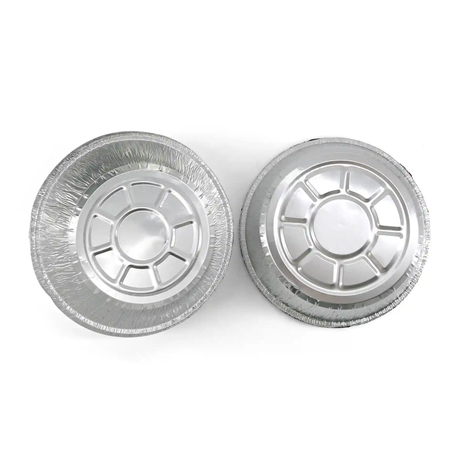 Twee ronde aluminium containers met een diameter van 182 mm en een hoogte van 43 mm, van bovenaf bekeken.