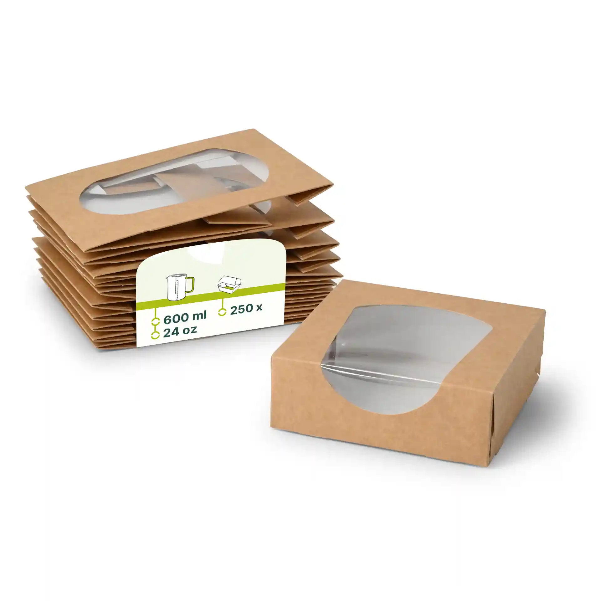 Bruine kartonnen vensterdozen met cellulosevenster, 12 x 12 x 4 cm, gestapeld met één doos vooraan.