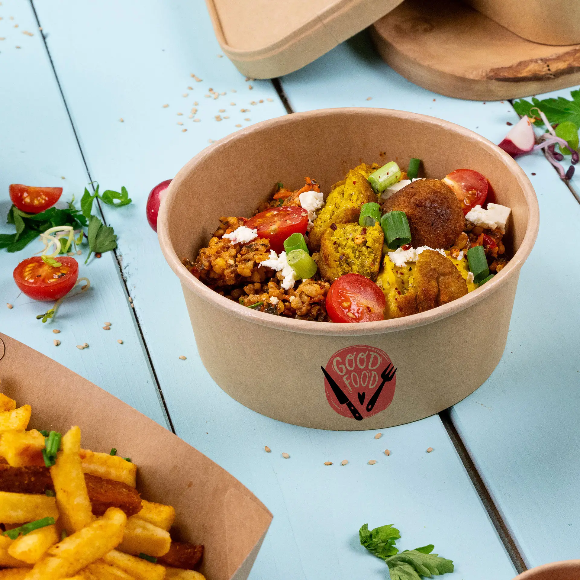 Saladeschalen bedrukken / Bowls bedrukken, 650 ml, Ø 150 mm, bruin, PE-gelamineerd