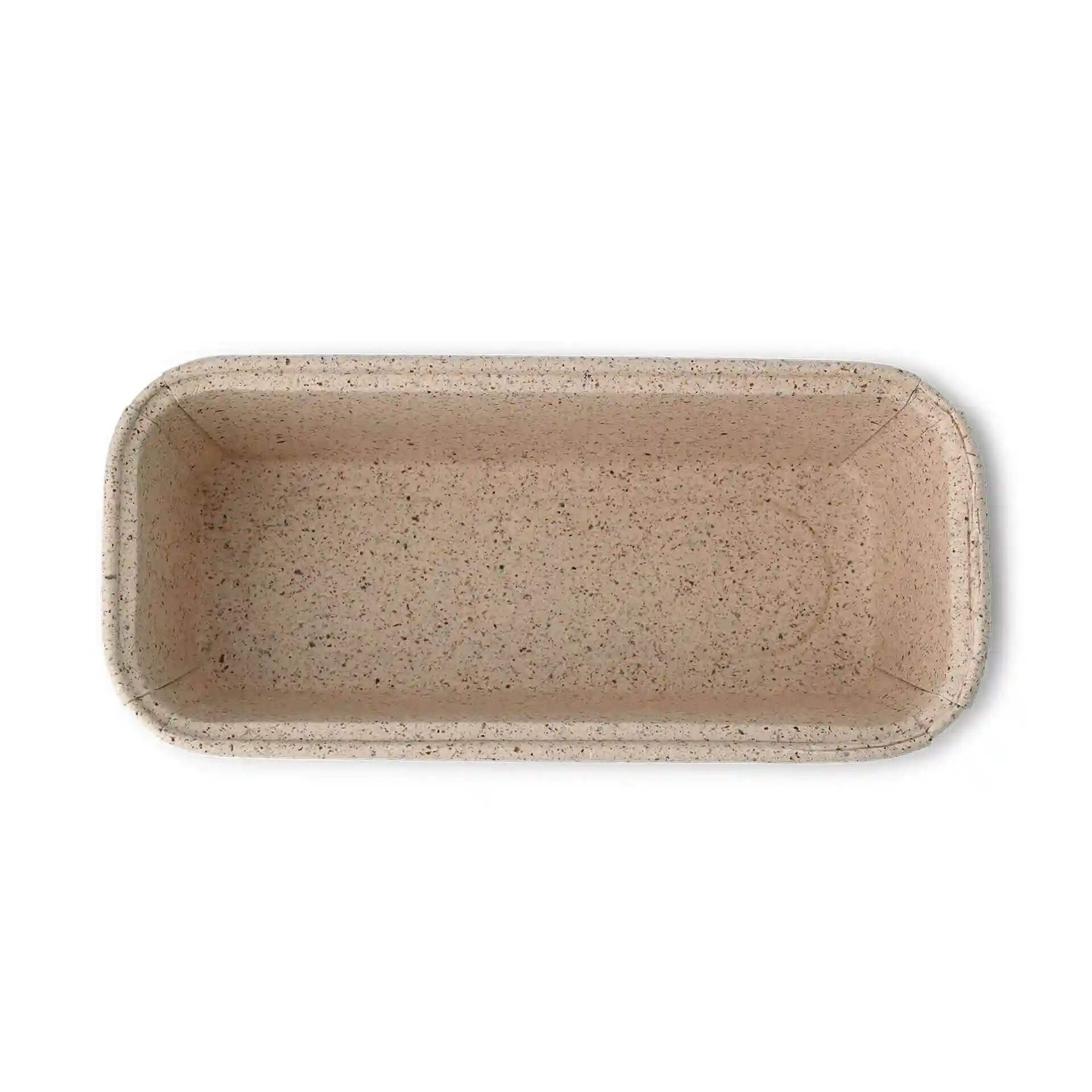 Rechthoekige bakvorm van bruin cacaopapier, 16 × 5,5 × 5 cm groot.