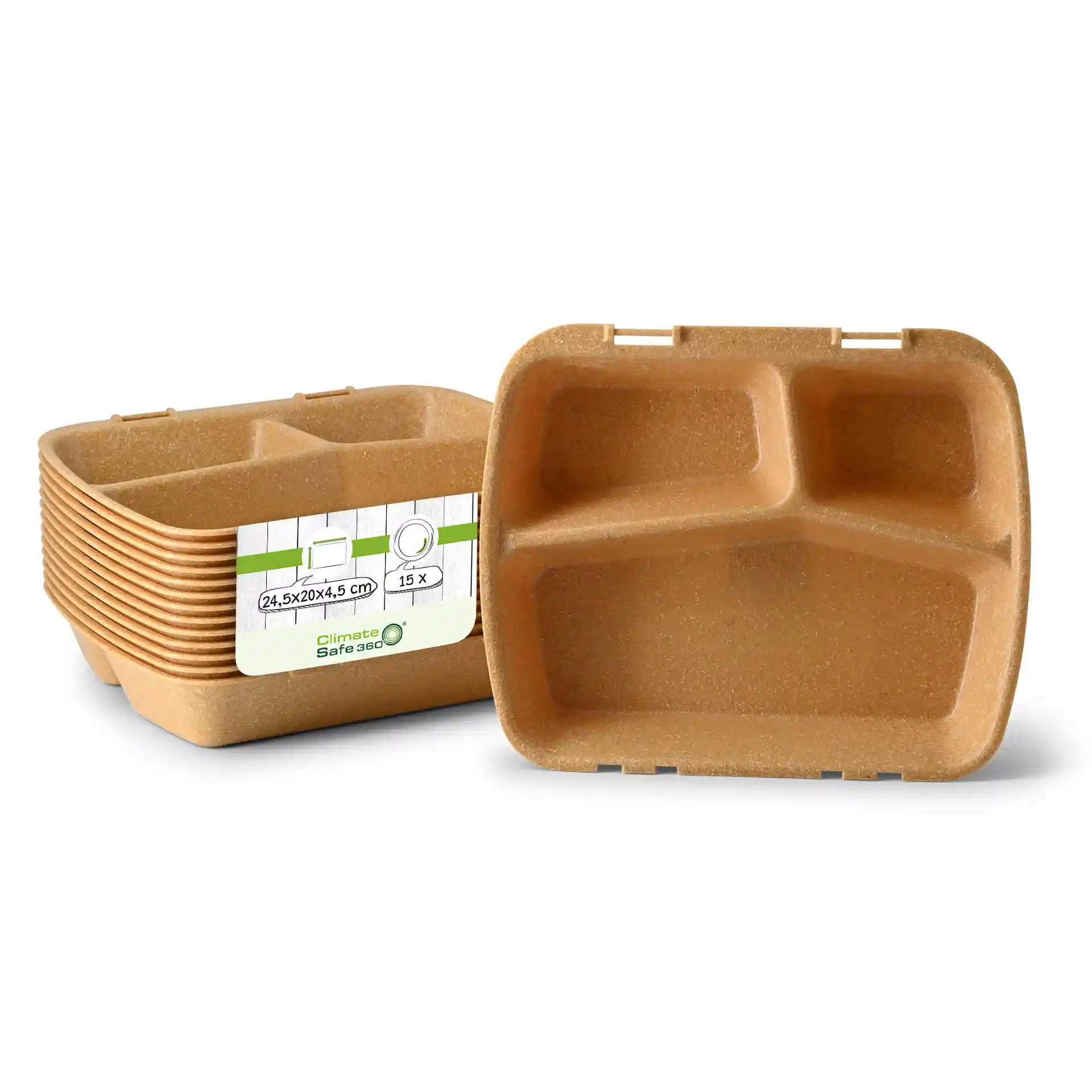 Bruine herbruikbare maaltijdcontainer met drie compartimenten, afmetingen 24,5 x 20 x 4,5 cm, gestapeld met een label.