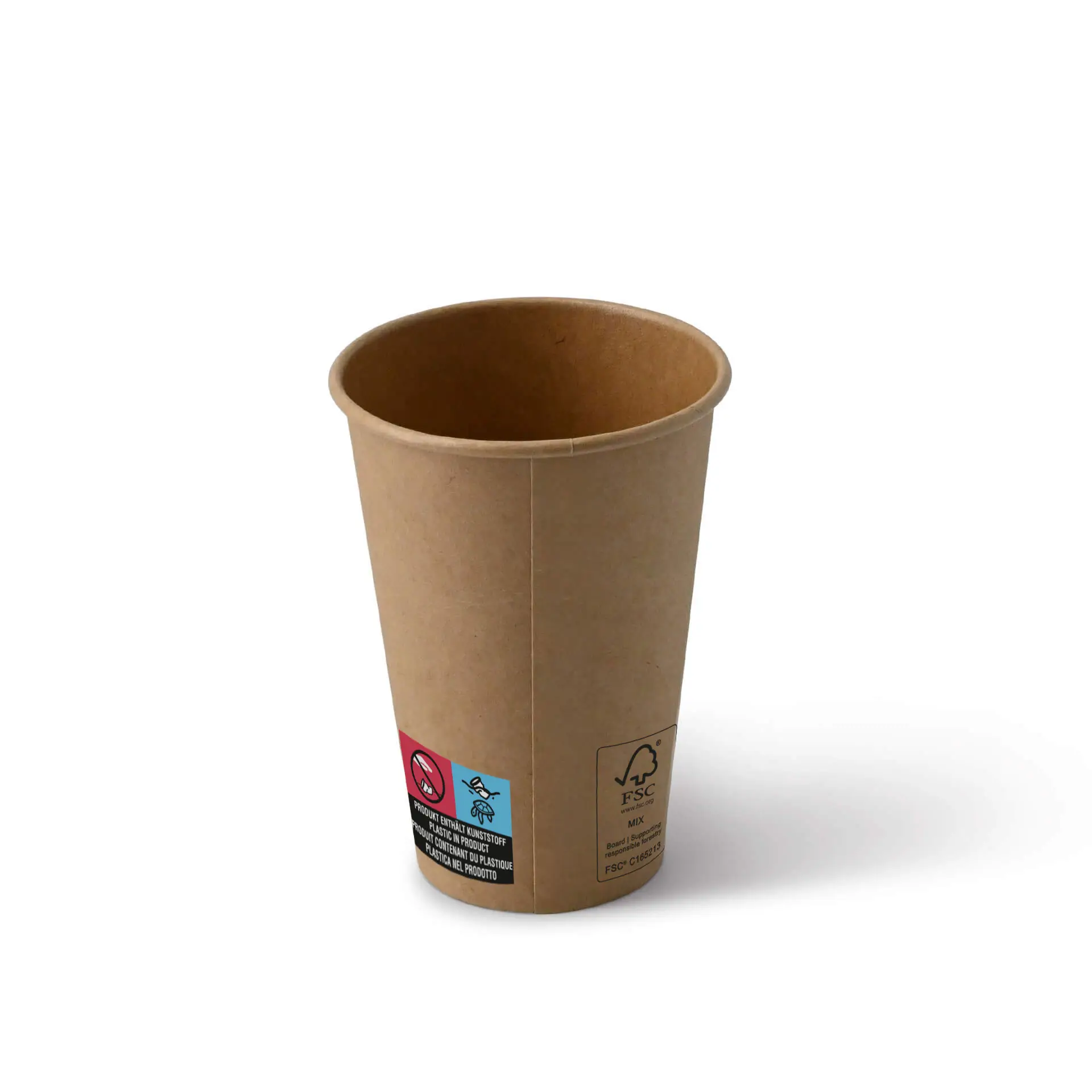Bruine papieren beker met PE-coating voor automaten, maat 7,5 oz; met symbolen voor klimaatsveiligheid en recycling.
