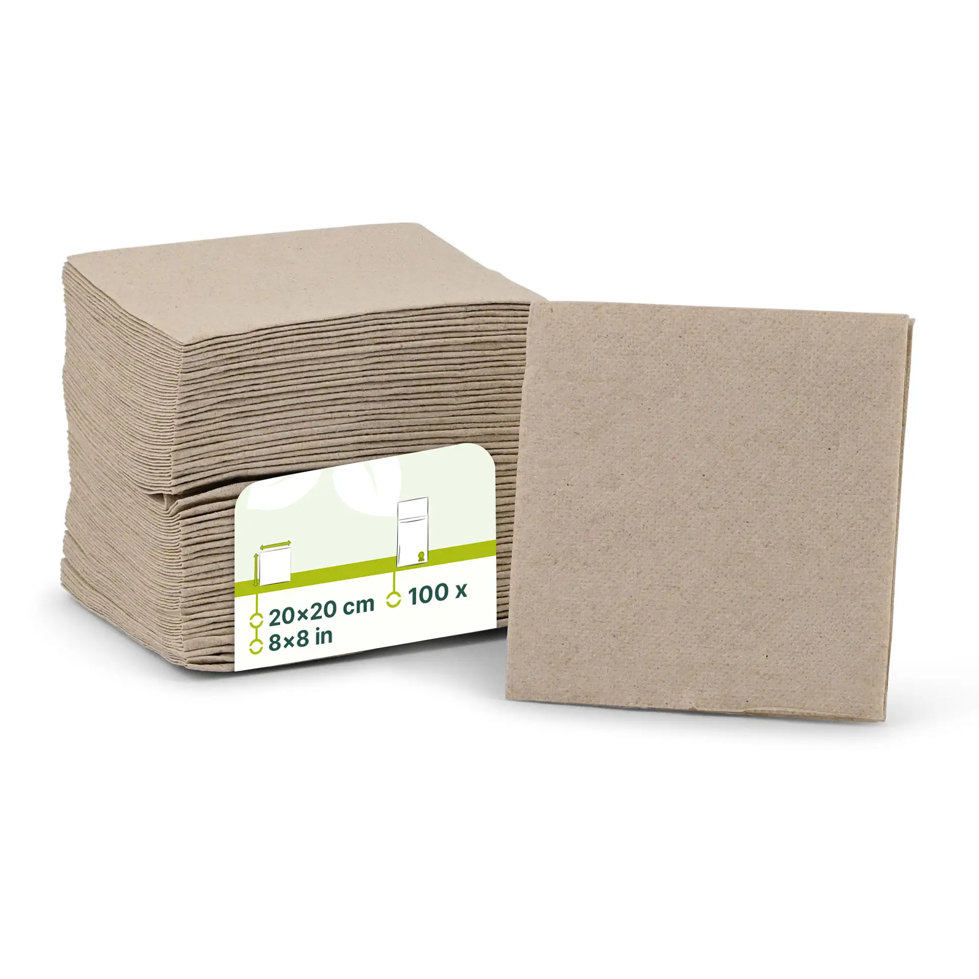 Stapeltje ongebleekte, 2-laags vierkante cocktailservetten, 20 x 20 cm, met een label met productdetails.