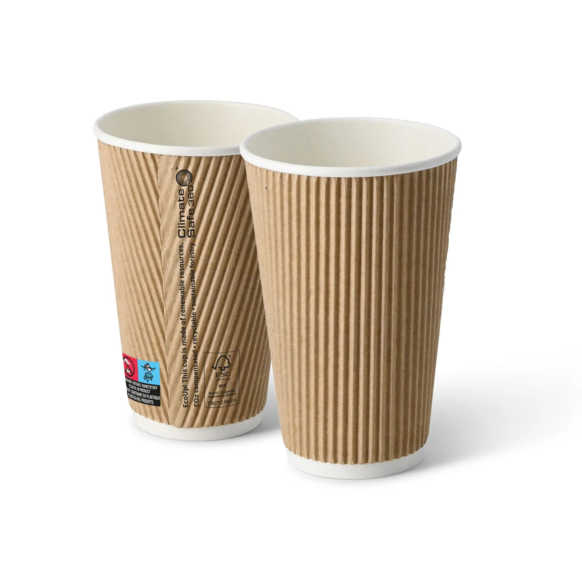 Koffiebekers to go van karton (gecoat) / Ribbelbekers 400 ml / 16 oz, Ø 80 mm, bruin, binnenkant wit