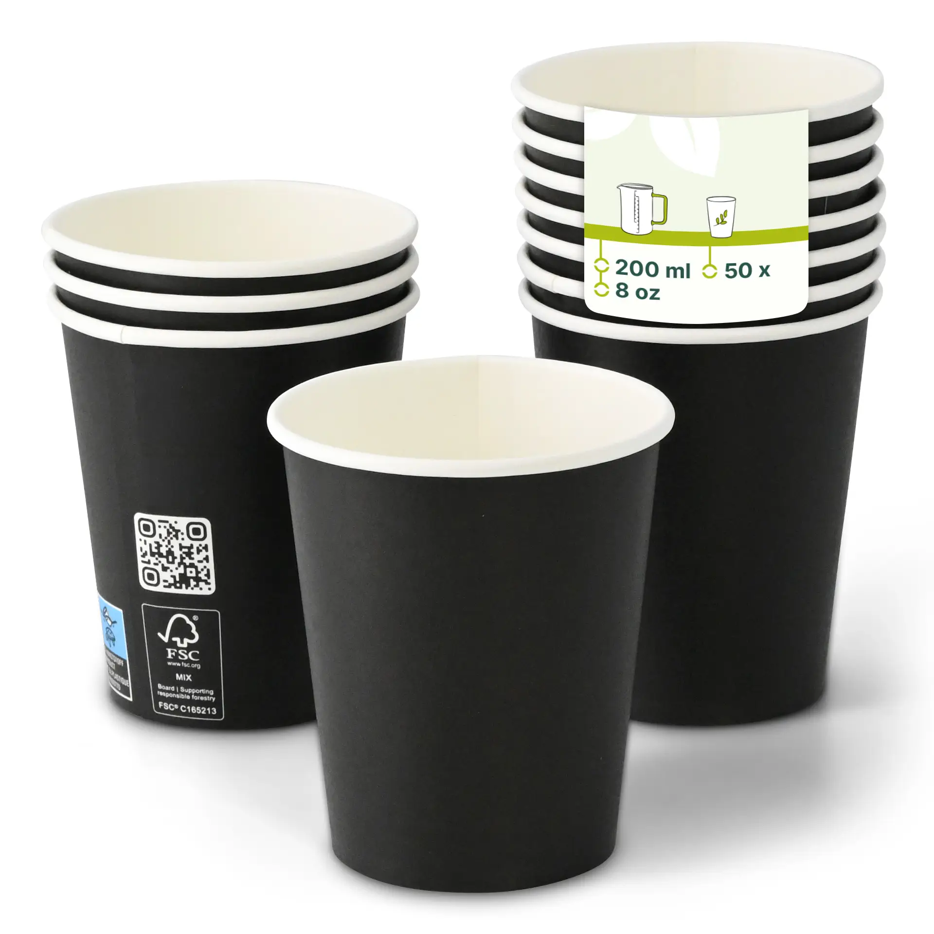 Een zwarte papieren beker met een witte binnenkant, omringd door verschillende gestapelde bekers; product voor warme en koude dranken, inhoud van 200 ml.