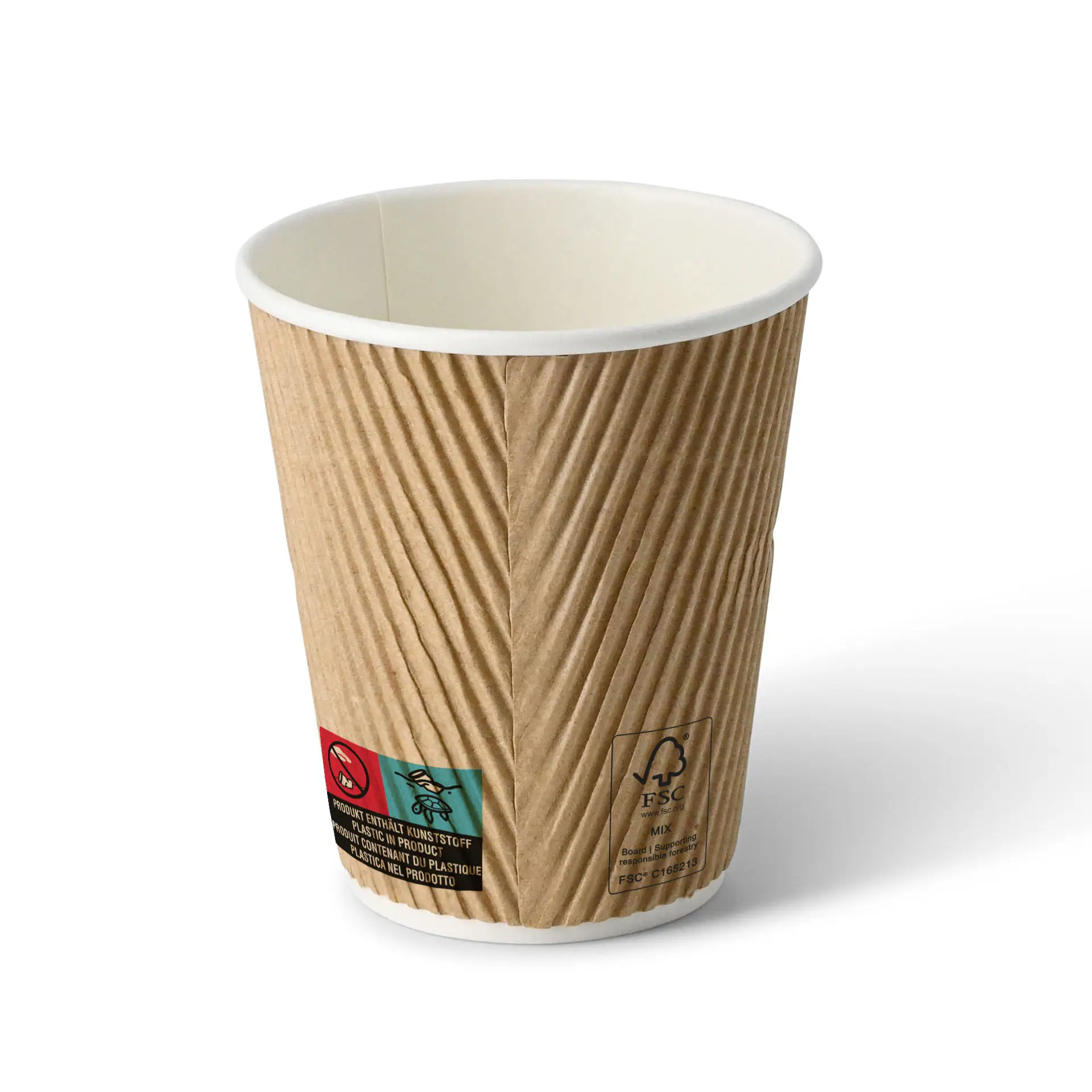 Bruine golfvormige wegwerp koffiekop, 10 oz, met witte binnenkant; heeft een isolerende buitenlaag voor warme dranken.