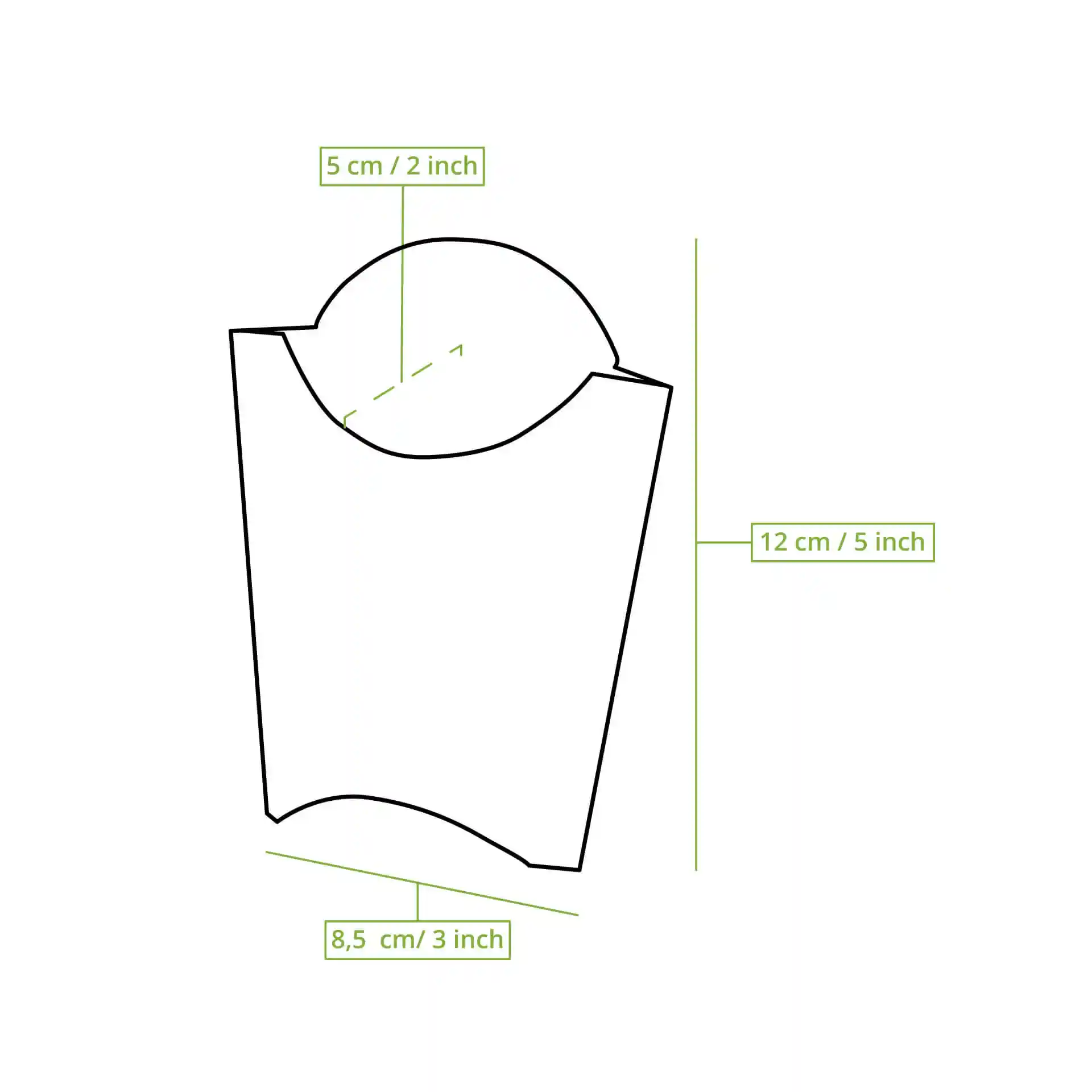 Schematische tekening van een kartonnen schep met gelabelde afmetingen: 12 cm hoogte, 8,5 cm lengte en 5 cm breedte.