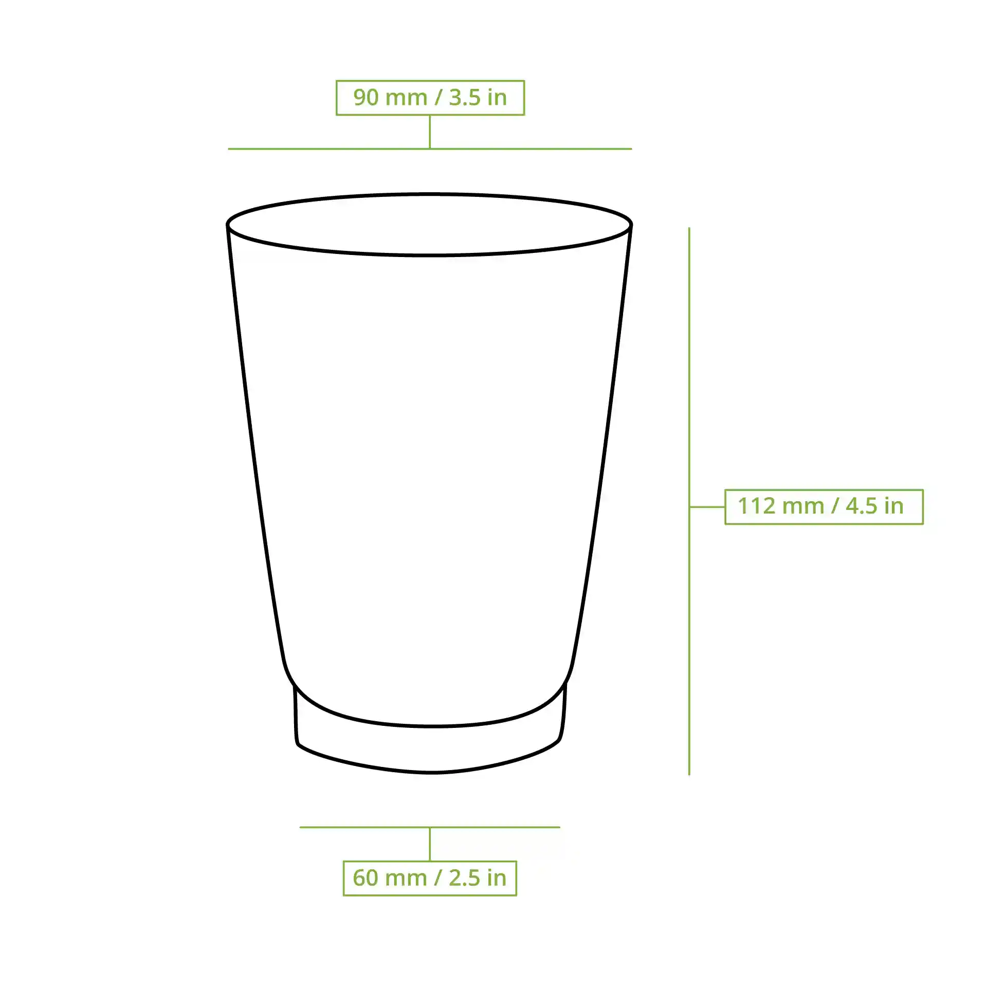Schematische tekening van een geribbelde beker met afmetingen: hoogte 112 mm, bovenste diameter 90 mm en basisdiameter 60 mm.